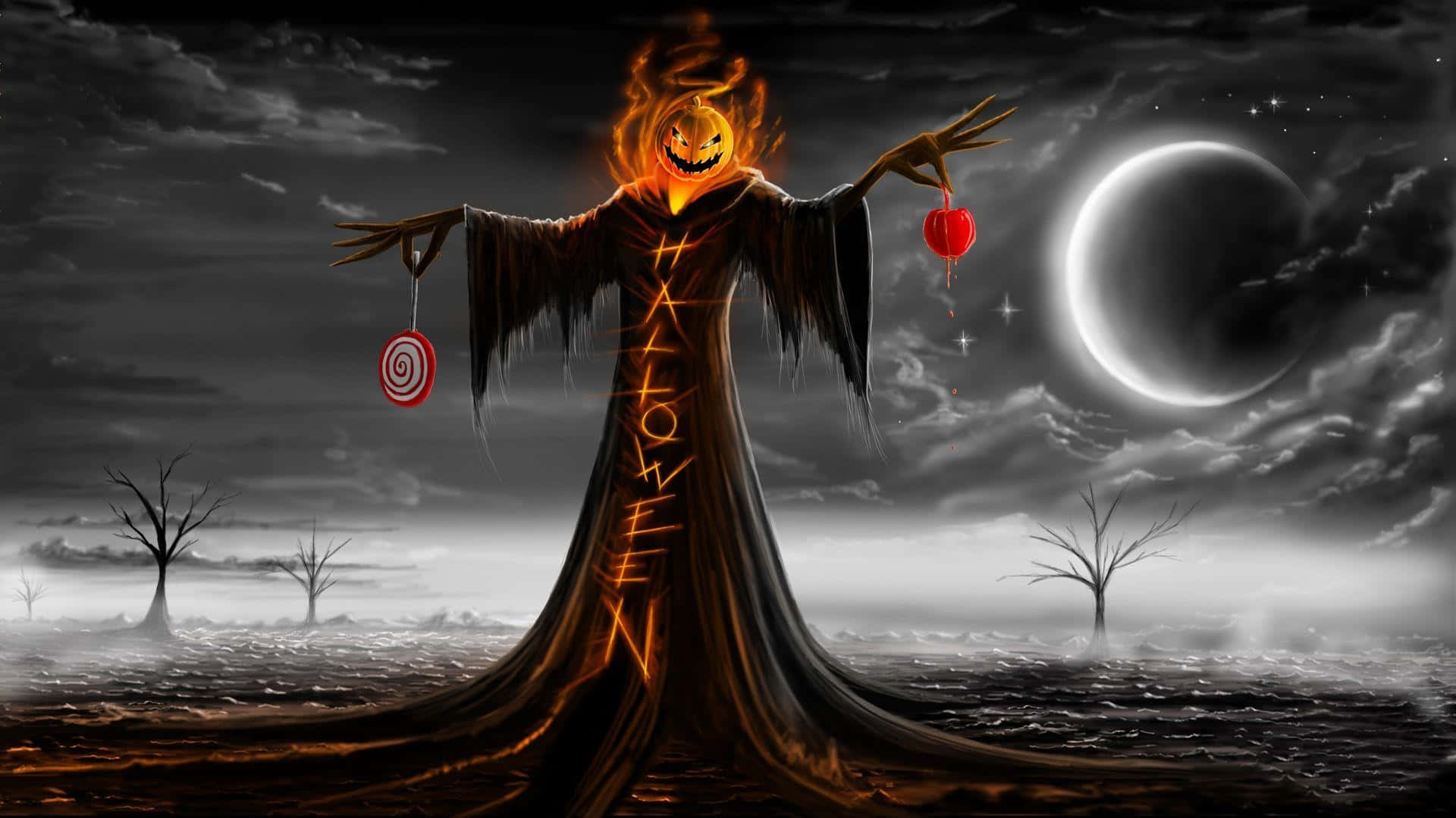 Trick-or-treaters 桌布 壁紙 — 一個燃燒的南瓜頭稻草人站在荒蕪的田野中，在彎月下拿著糖果。