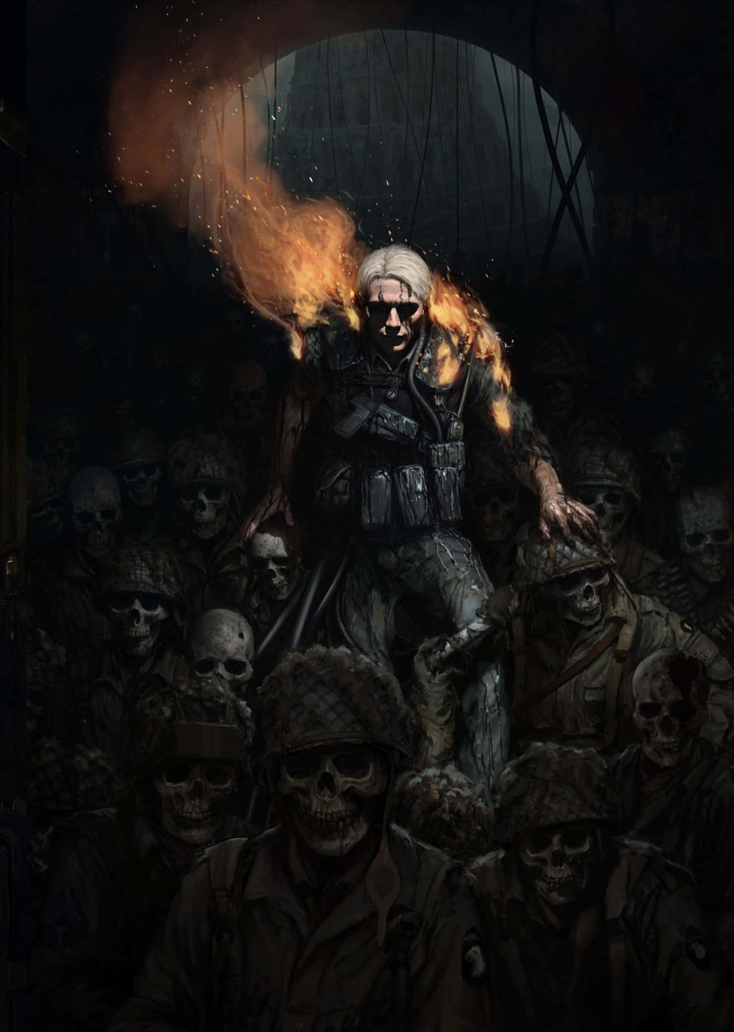 Death Stranding Mobile 桌布 壁紙 — 一個燃燒的士兵站在一個充滿頭骨的海洋之上，身處黑暗陰森的隧道，背後煙霧升騰。
