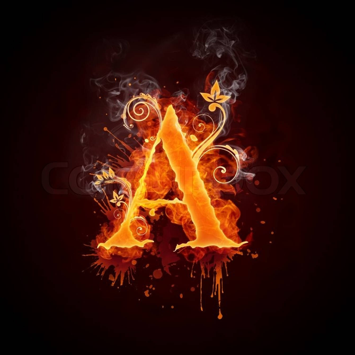 Letter A 桌布 壁紙 — 一個燃燒的字母A，被橙色火焰和旋轉的煙霧包圍，帶有裝飾性的花卉漩渦，背景為深色。