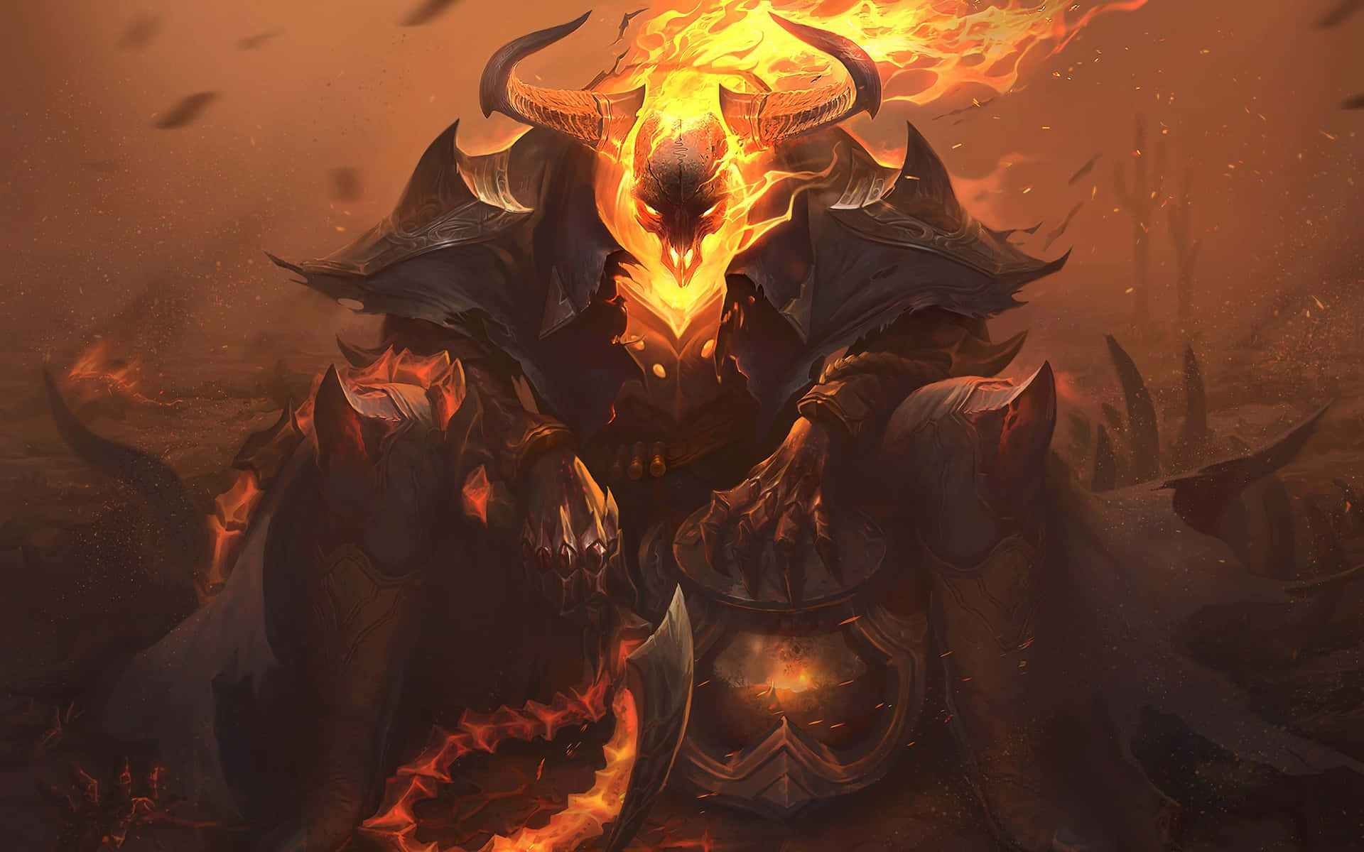 monsters 桌布 壁紙 — 一個燃燒的惡魔形象，帶有發光的橙色角和盔甲，在煙霧瀰漫的地獄景觀中威嚇地站立。