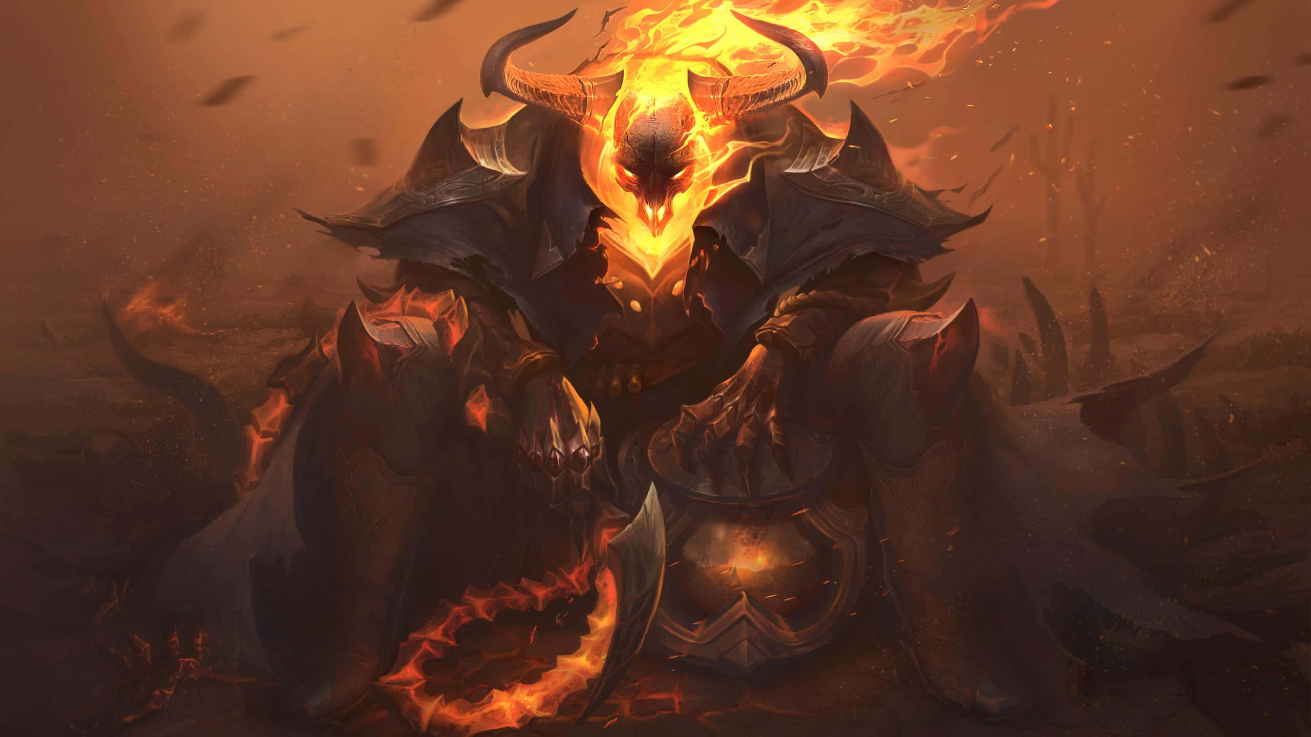 Cool Demon 桌布 壁紙 — 一個燃燒的惡魔形象，擁有發光的橙色眼睛和角，坐在煙霧繚繞的地獄景觀中的火焰王座上。