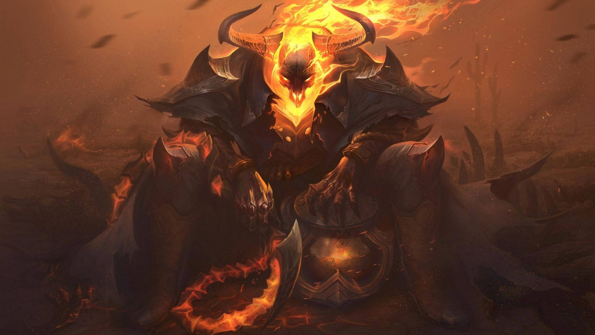 惡魔 桌布 壁紙 — 一個燃燒的惡魔形象，擁有發光的橙色眼睛和角，威脅地坐在煙霧瀰漫的地獄景觀中。