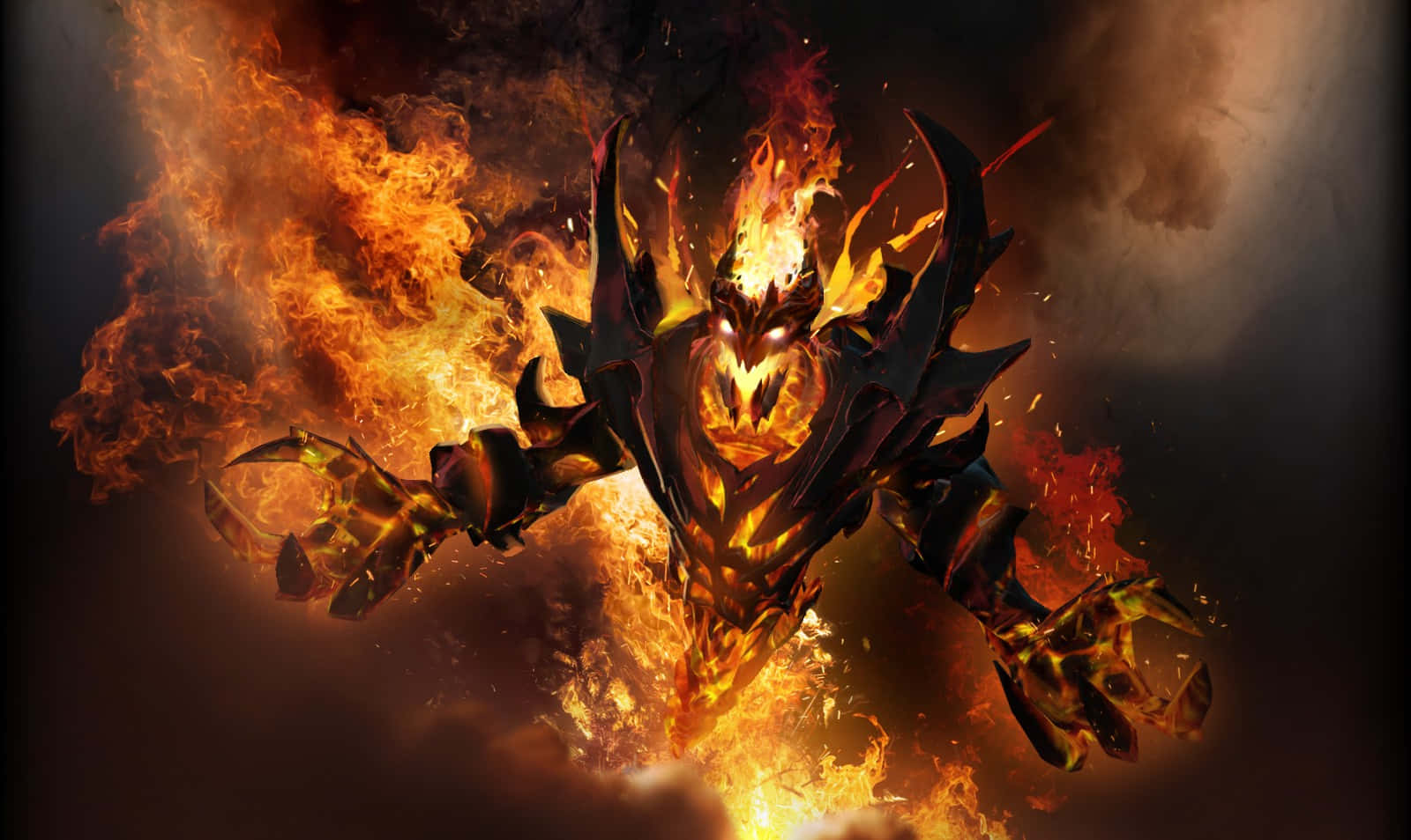 Hero 桌布 壁紙 — 一個燃燒的惡魔形象，擁有發光的眼睛和鋸齒狀的盔甲，從咆哮的火焰中出現，背景是黑暗煙霧繚繞。