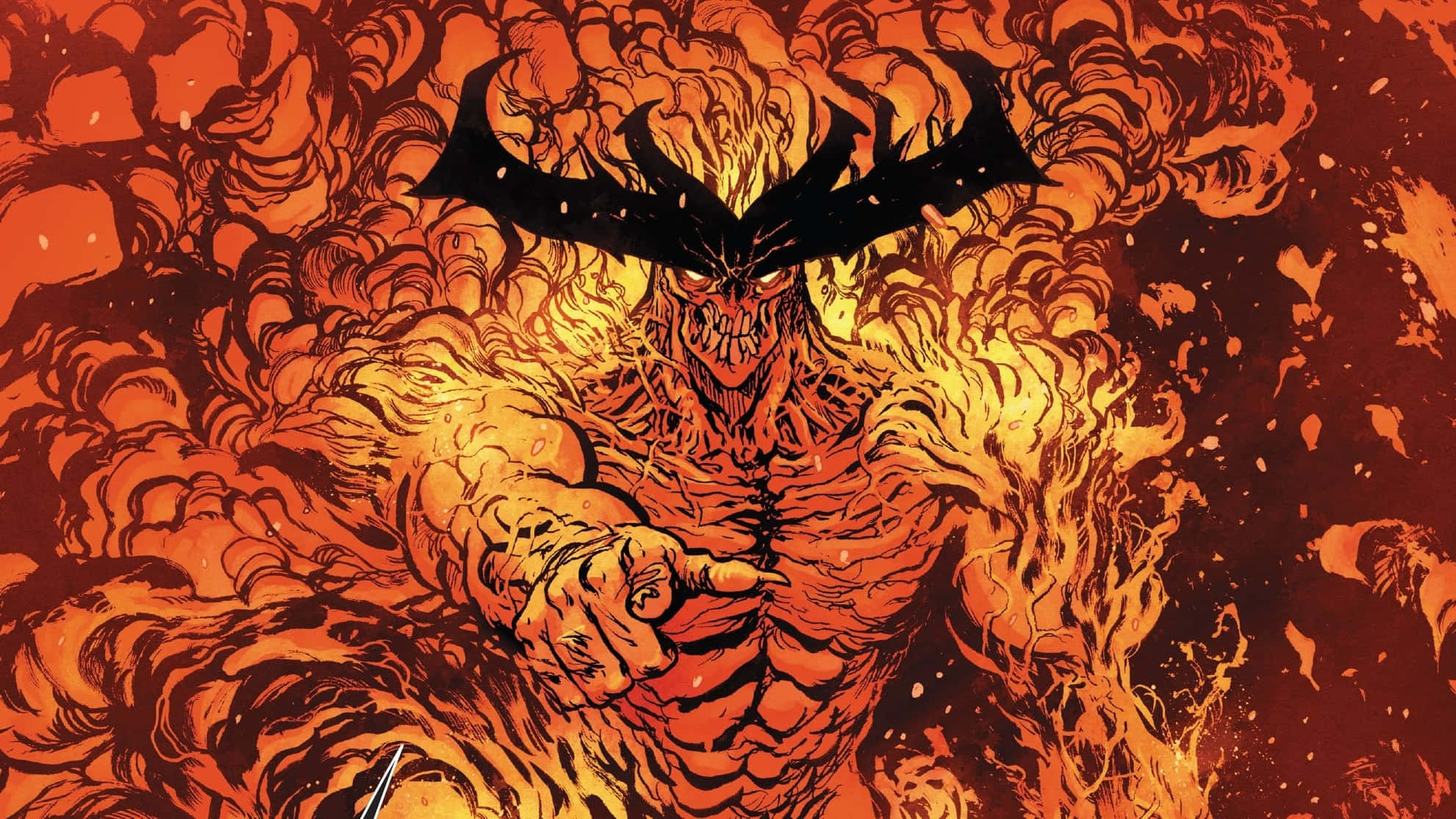 Surtur 桌布 壁紙 — 一個燃燒的惡魔形象，擁有蝙蝠般的翅膀和發光的眼睛，從旋轉的火焰中以威脅的姿勢出現。