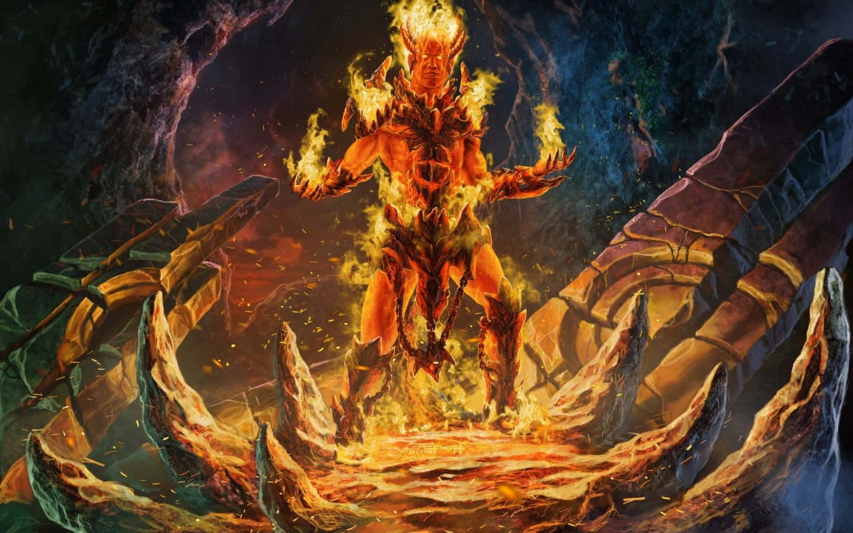 Hell 桌布 壁紙 — 一個燃燒的惡魔形象，發光的眼睛和熔化的盔甲，站在黑暗洞穴中鋸齒狀的石爪上。