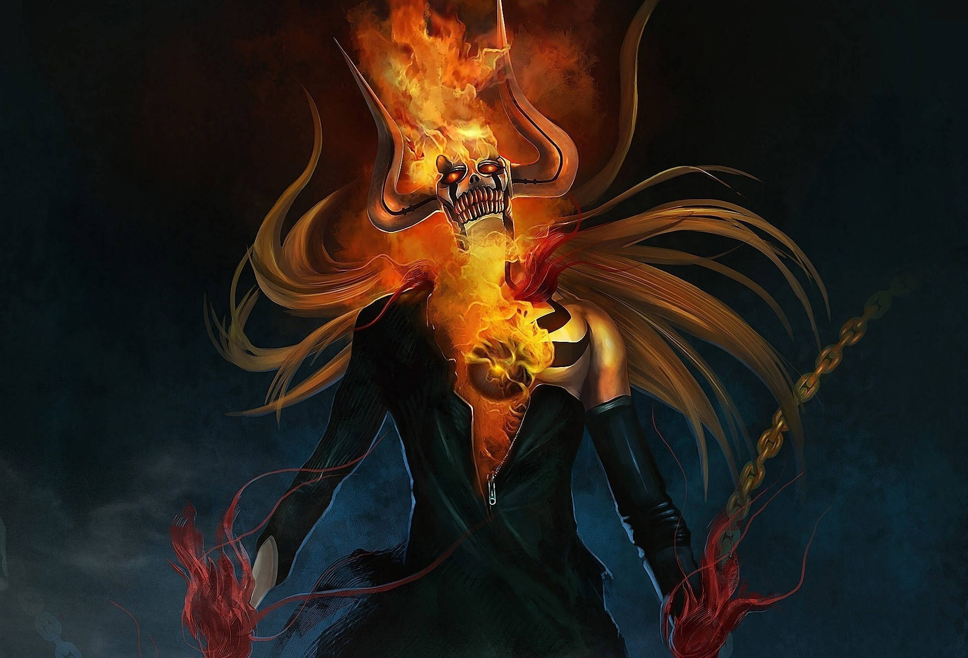 死神 桌布 壁紙 — 一個燃燒的惡魔形象，頭顱燃燒著火焰，長髮飄逸，站在黑暗暴風雨的背景下。