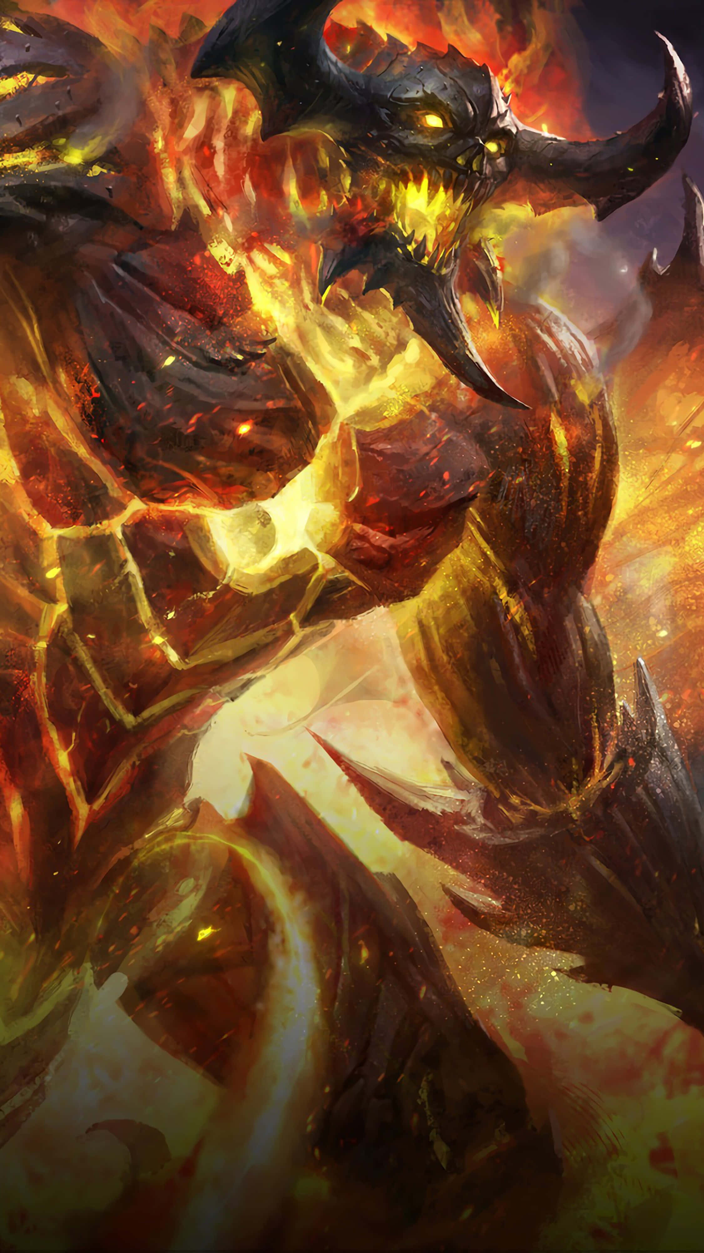 monsters 桌布 壁紙 — 一個燃燒的惡魔生物，擁有發光的黃色眼睛和鋸齒狀的角，在旋轉的火焰和熔岩中咆哮。