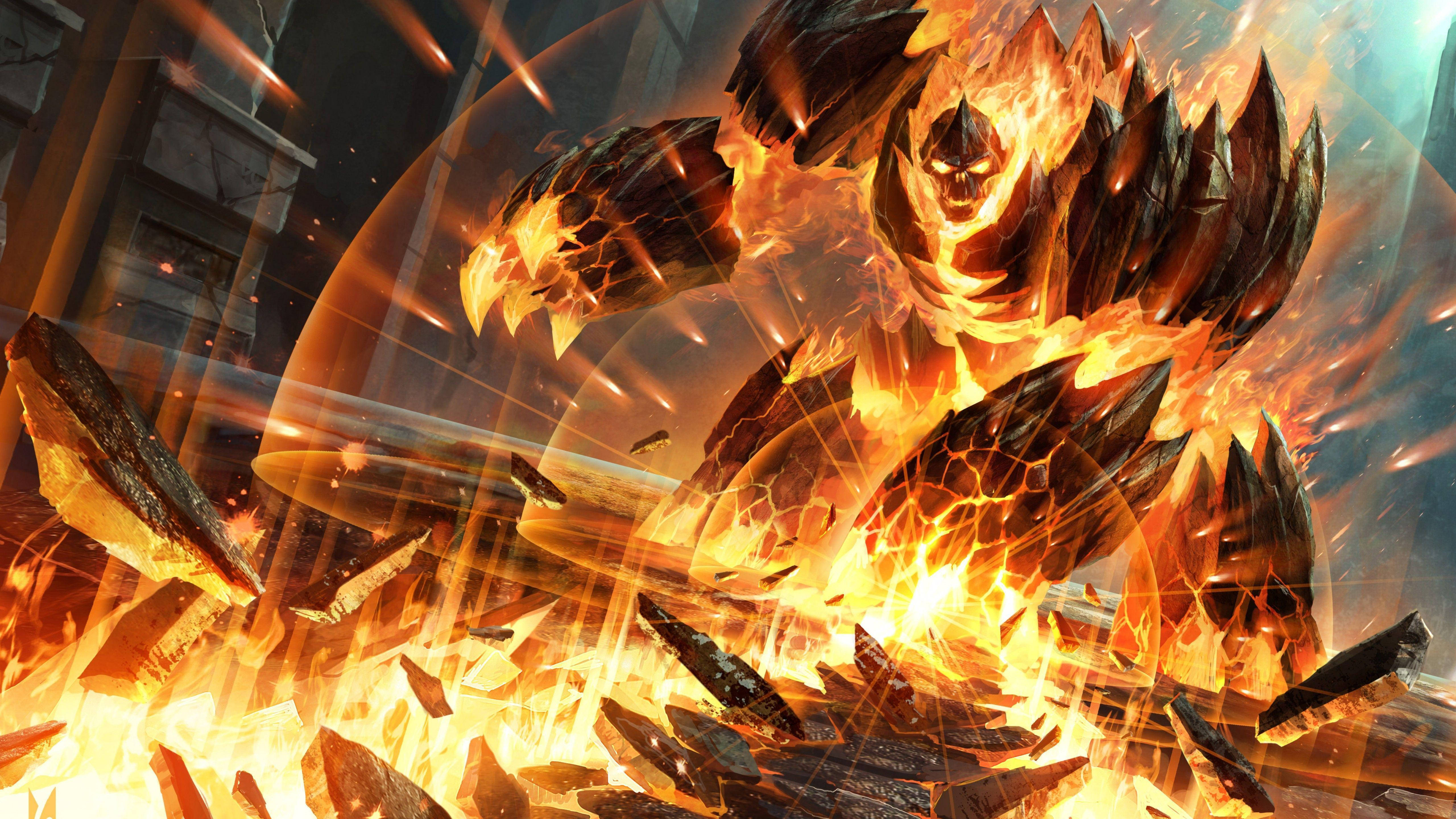 Hearthstone 桌布 壁紙 — 一個燃燒的惡魔生物，穿著鋸齒狀的黑曜石盔甲，衝破一個被爆炸性橙色火焰吞噬的破碎城市環境。