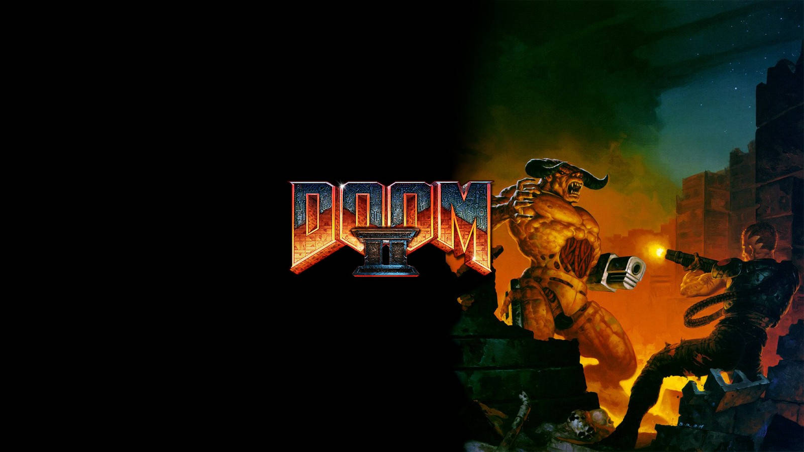 Doom Game 桌布 壁紙 — 一個燃燒的惡魔生物撲向一名手持發光武器的士兵，背景是星空夜空，前景是發光的Doom II標誌。