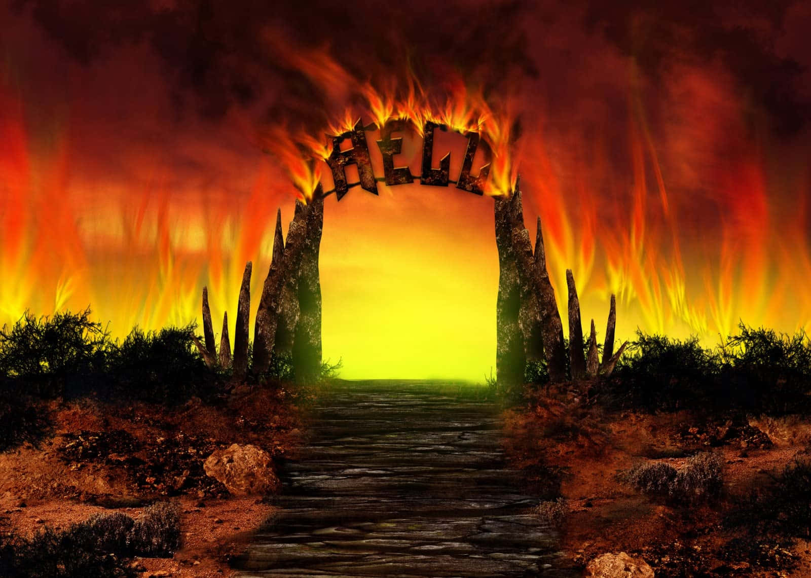 Fiery 桌布 壁紙 — 一個燃燒的拱門上寫著「地獄」，下方是一條石徑，通往發光的綠色深淵。