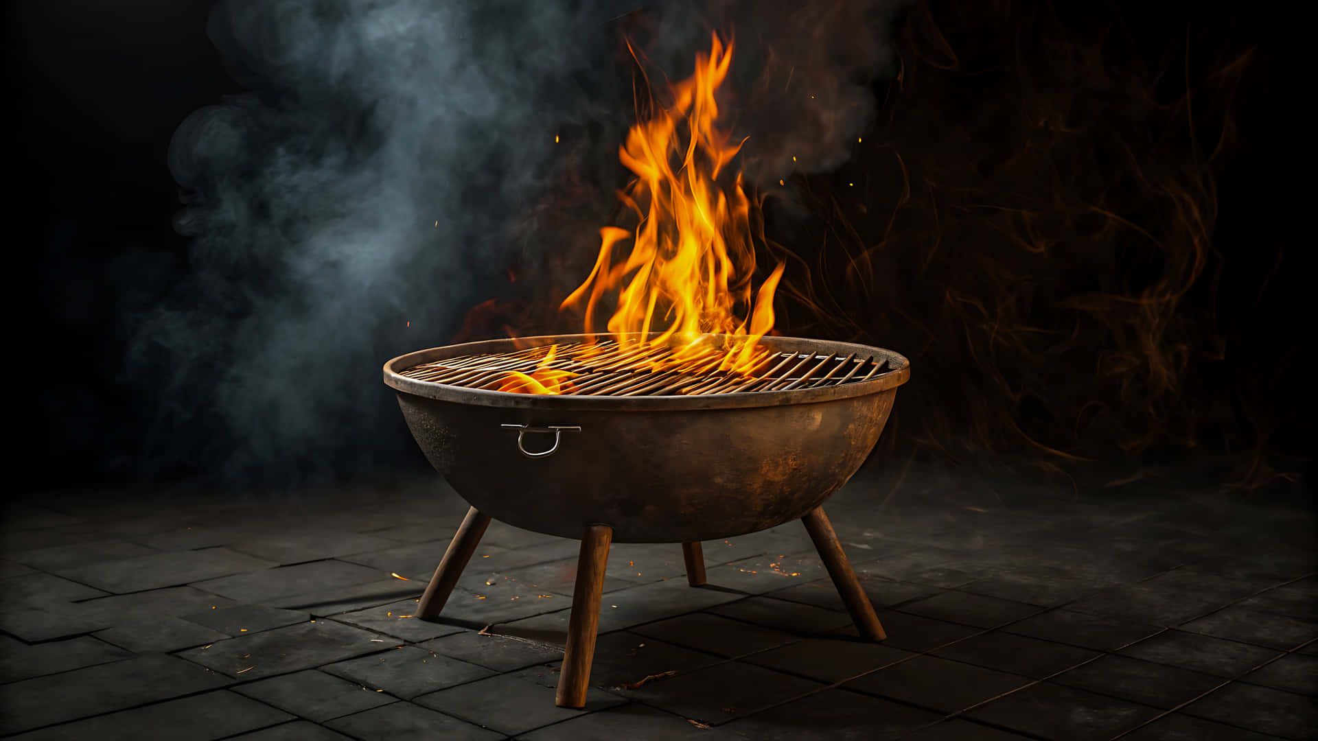 Rusted barbecue grill with flames and smoke on a tiled surface 壁紙 — 一個燃燒的炭火烤架，在石鋪地面上，煙霧翻騰，背景漆黑。