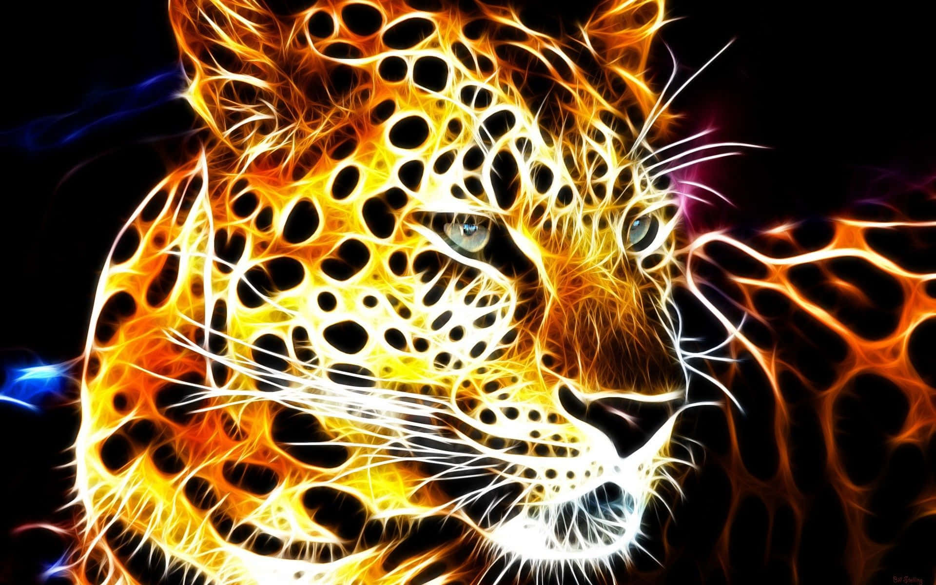3d Animal 桌布 壁紙 — 一個燃燒的豹頭，在黑暗背景上發出電光橙色和黃色的火焰。