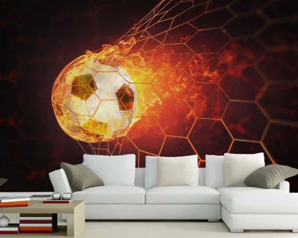 Football On Fire 桌布 壁紙 — 一個燃燒的足球衝破一個燃燒的六角形網，背景為深色，作為一個戲劇性的桌布展示在白色沙發後面。