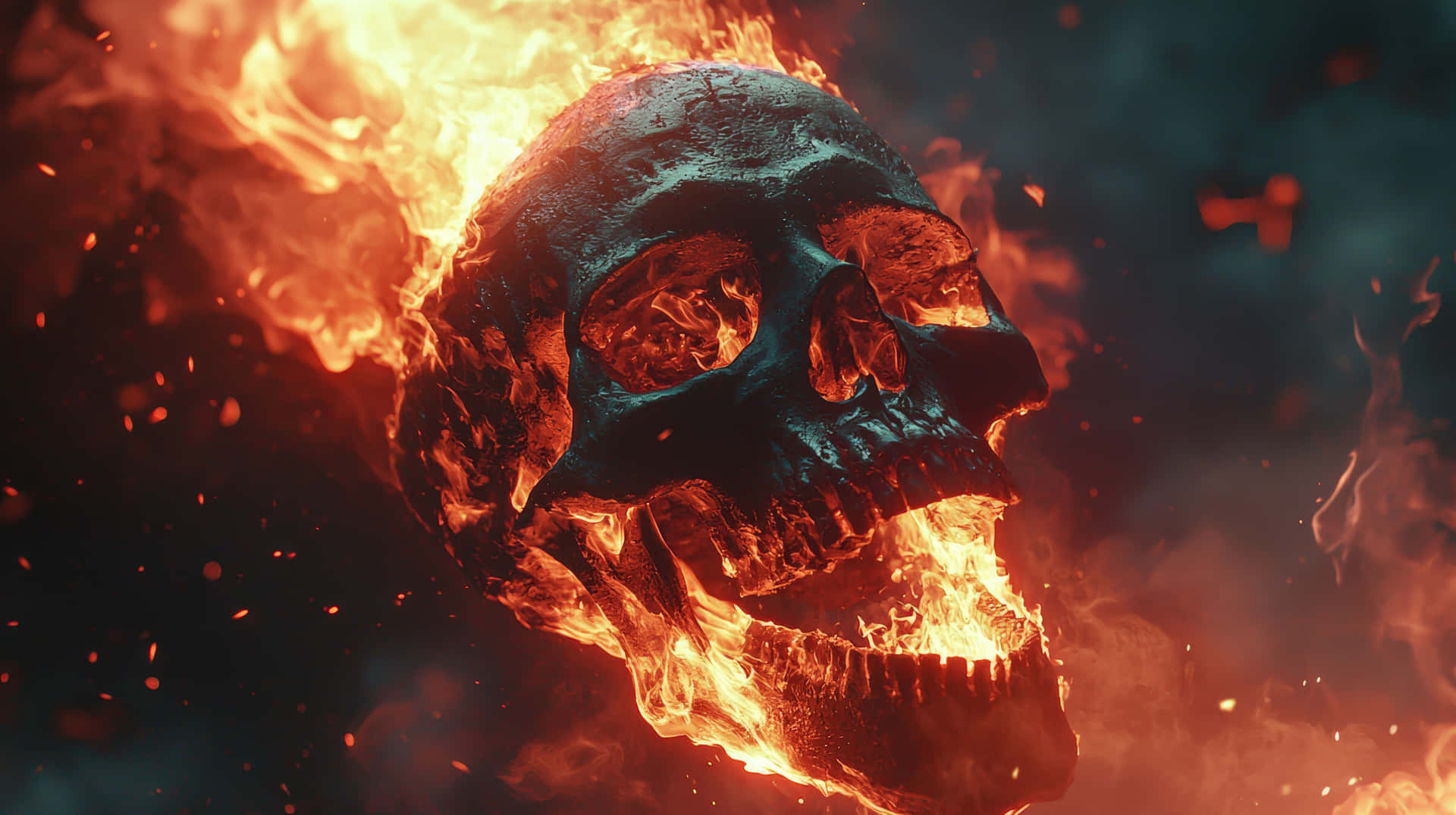 A dark, sinister skull is engulfed in blazing fire, symbolizing danger, death, and destruction 壁紙 — 一個燃燒的頭骨，發出橙色火焰和火花，在黑暗煙霧的背景中爆發。