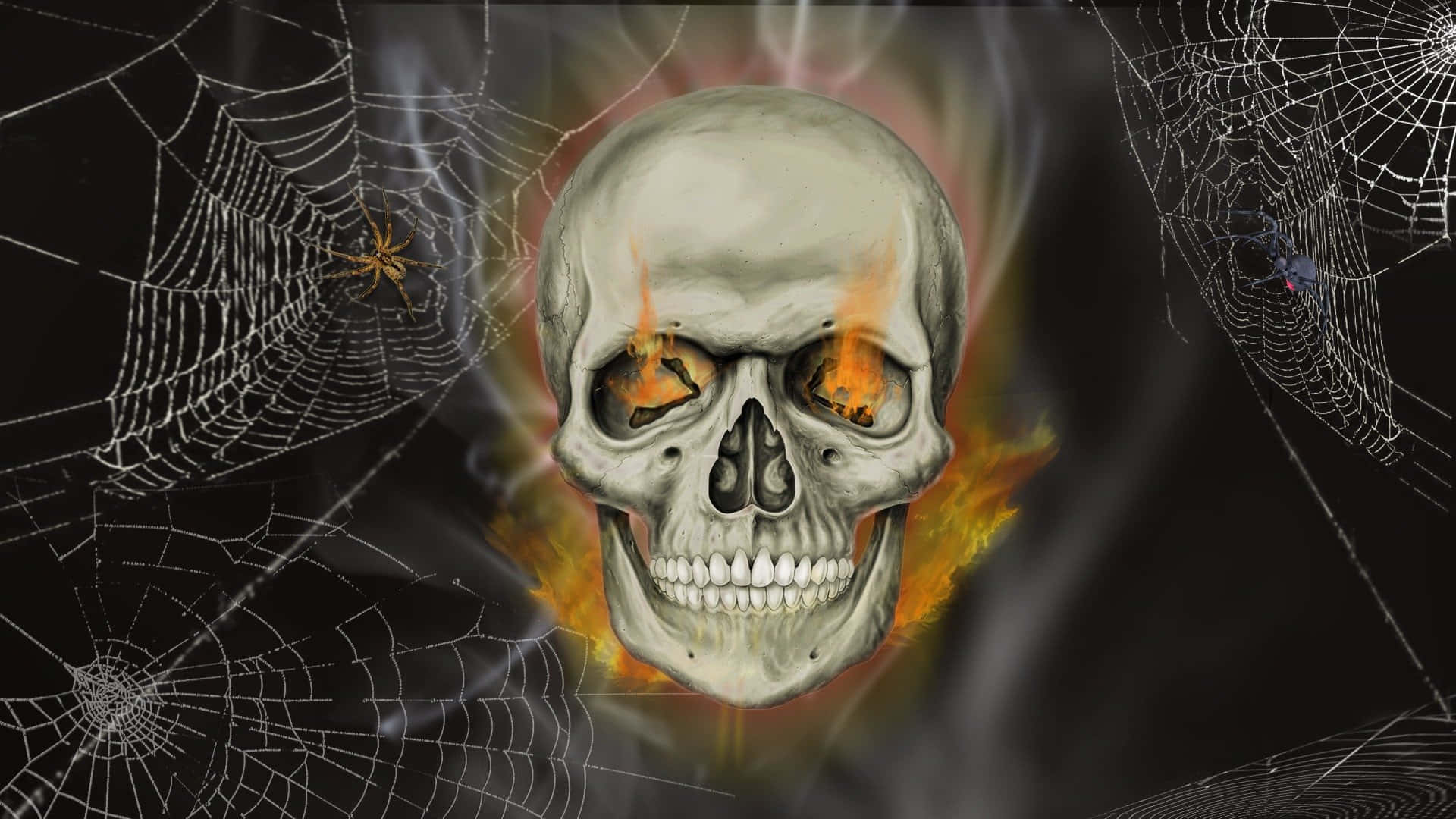 Cool Skull 桌布 壁紙 — 一個燃燒的頭骨，眼睛發光，被複雜的蜘蛛網和蜘蛛包圍，背景是黑暗煙霧彌漫。