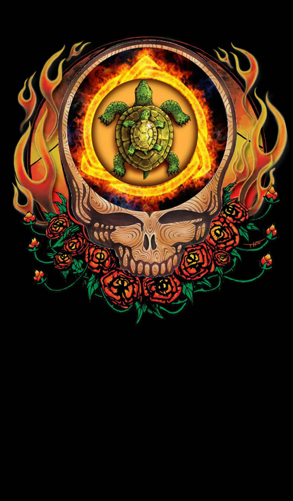 Grateful Dead iPhone 桌布 壁紙 — 一個燃燒的頭骨飾有紅玫瑰，在黑色背景上的一個火圈中懷抱一隻綠色烏龜。