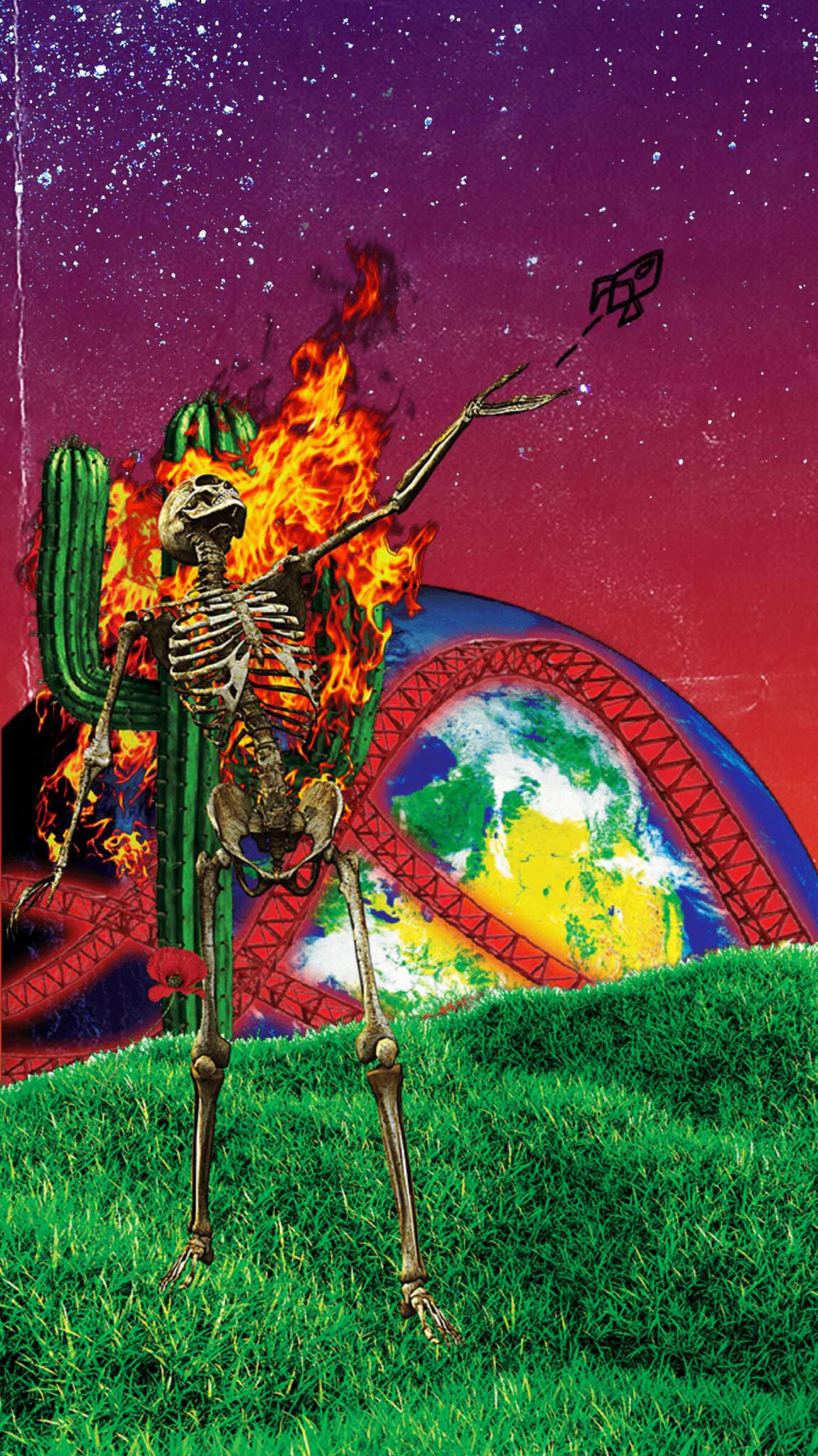 Astroworld 桌布 壁紙 — 一個燃燒的骷髏在長滿草的山丘上的仙人掌上跳舞，背景是繁星點點的紫色天空和一顆行星。