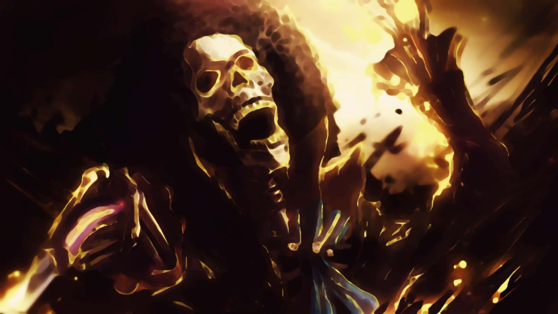 Brook 桌布 壁紙 — 一個燃燒的骷髏身影在爆炸性的金色火焰中咆哮，構成戲劇性的數位藝術場景。