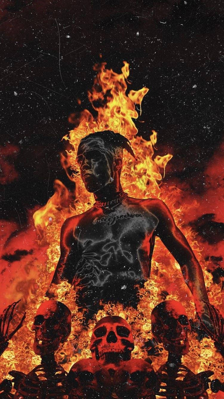 xxxtentacion 美學 桌布 壁紙 — 一個燃燒的骷髏身影從地獄之火中升起，腳下有頭骨，背景是星空虛無。