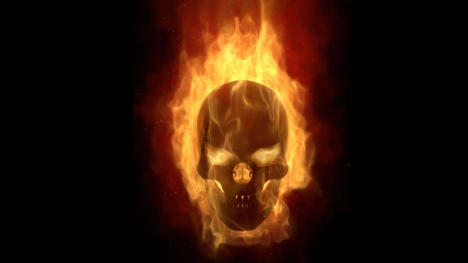 3d Fire 桌布 壁紙 — 一個燃燒的骷髏頭，眼睛發光，牙齒鋒利，在黑色背景上劇烈燃燒。