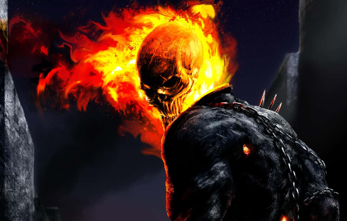 燃燒的骷髏頭戰士穿著黑暗盔甲，帶有火焰光環。 — 鬼 Rider 壁紙