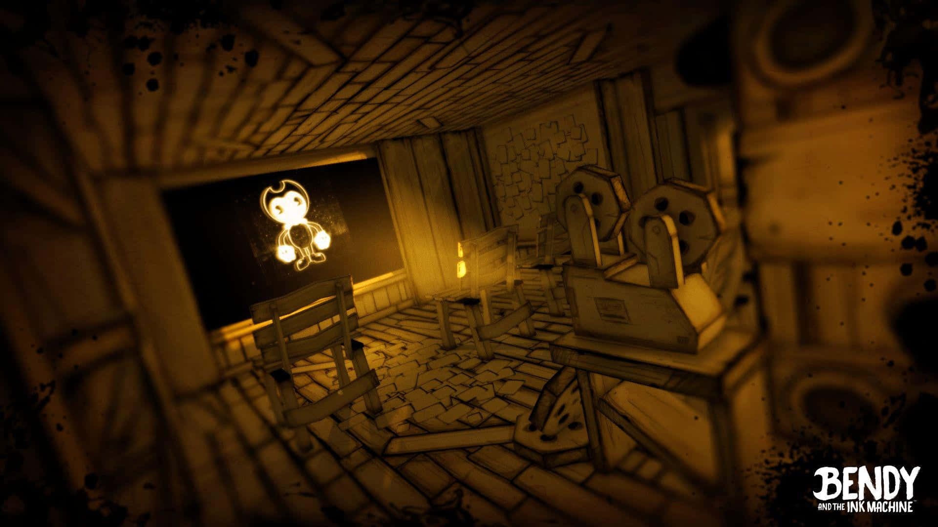 Game Art 桌布 壁紙 — 一個燈光昏暗、陰森的房間，裡面有破爛的家具，屏幕上有一個發光的卡通人物，投射出令人不安的黃色光芒。