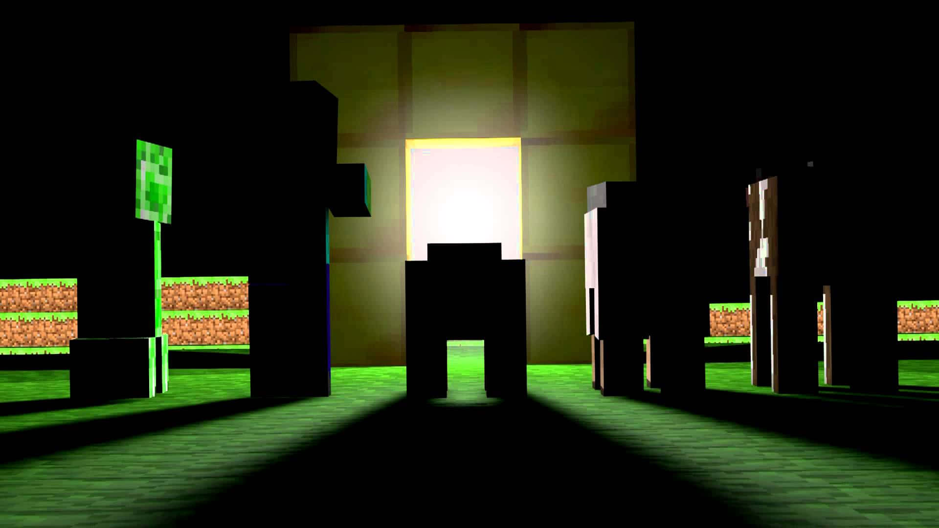 Minecraft Aesthetic 桌布 壁紙 — 一個燈光昏暗的Minecraft場景，方塊狀角色在發光的門口和像素化草地塊的襯托下形成剪影。