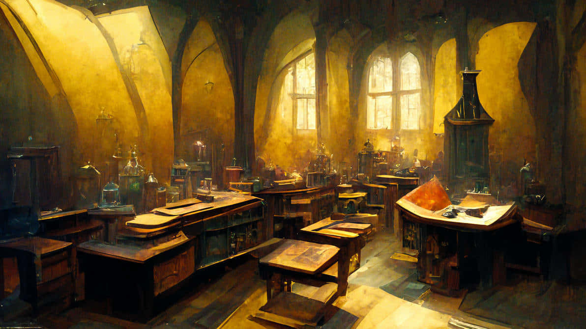 The Hogwarts Potions Class 桌布 壁紙 — 一個燈光昏暗的中世紀煉金術實驗室，木桌上擺滿了玻璃燒瓶和書籍，拱形窗戶透入溫暖的金色光芒。