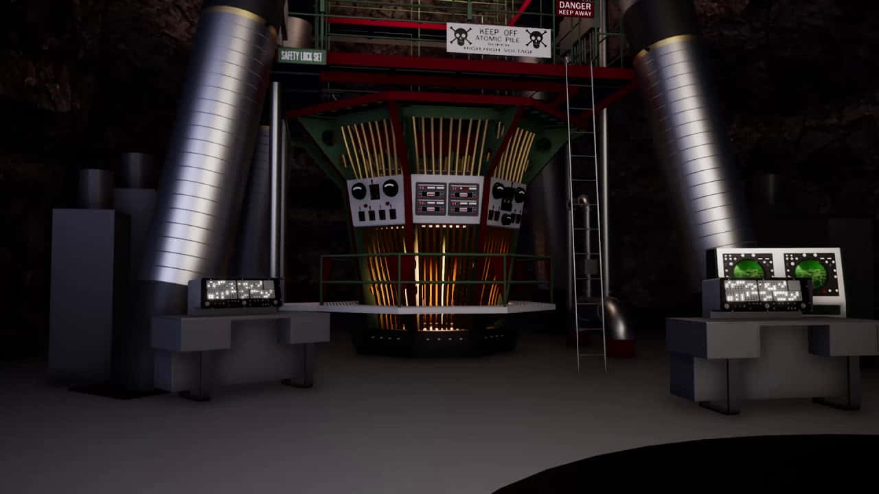 Batcave 桌布 壁紙 — 一個燈光昏暗的地下原子反應爐，帶有發光的控制面板和警告標誌。