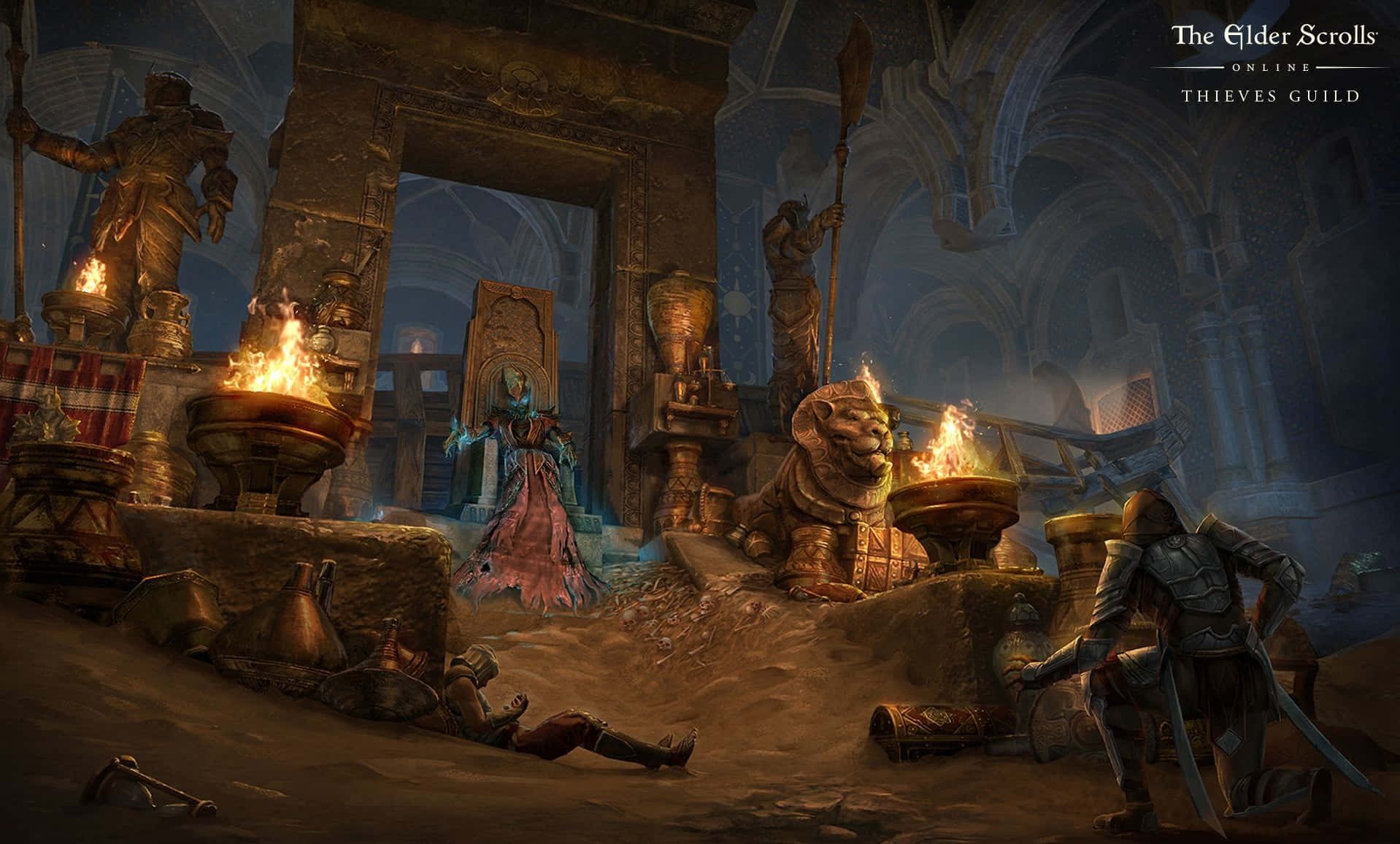 Thieves Guild 桌布 壁紙 — 一個燈光昏暗的奇幻盜賊公會大廳，內有石像、火炬，以及一個身穿長袍的身影站在王座前。