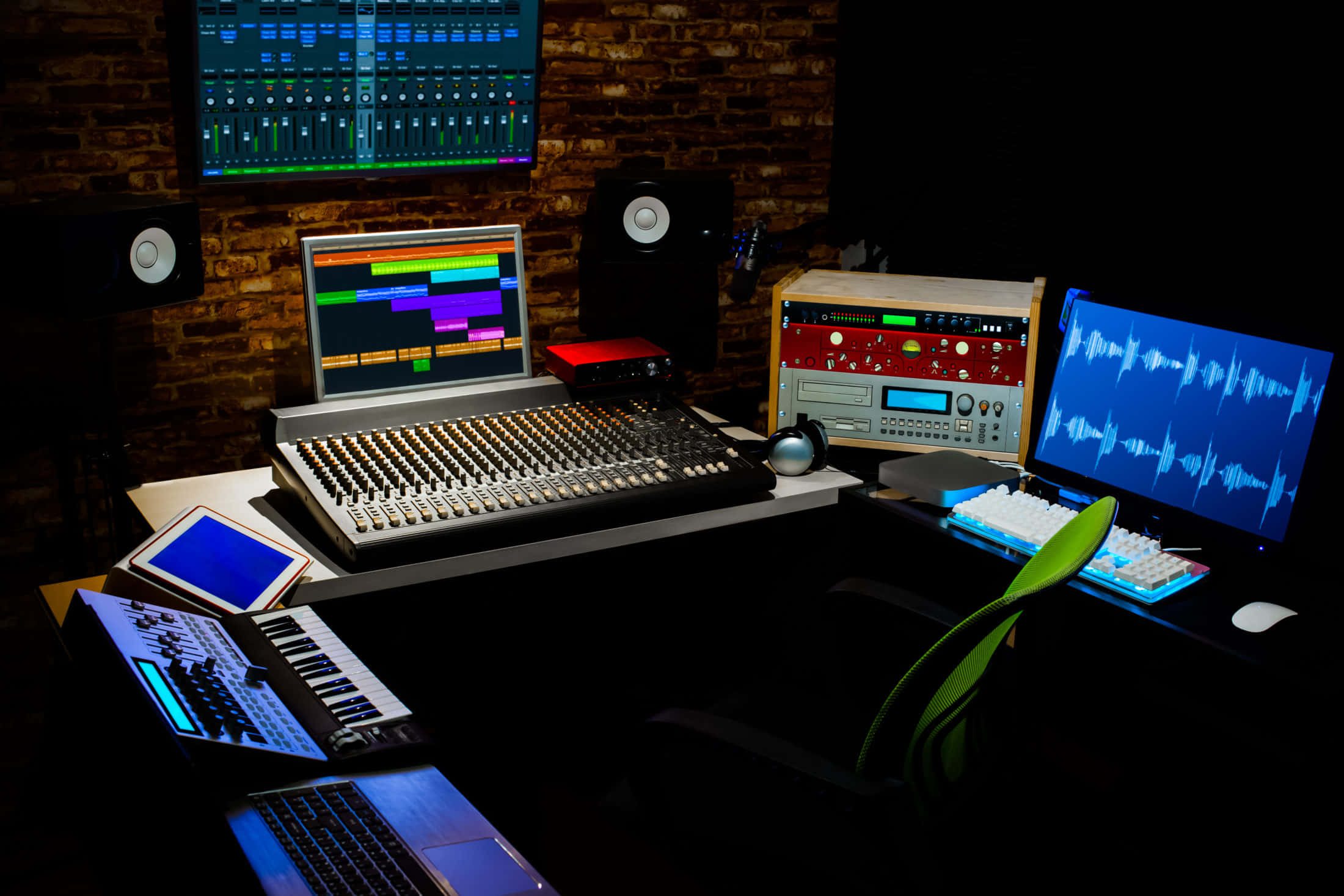 Recording Studio 桌布 壁紙 — 一個燈光昏暗的專業音樂工作室，發光的螢幕和設備靠著磚牆。