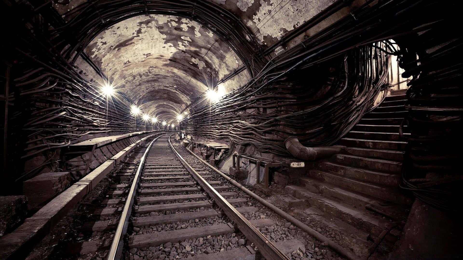 Dark Underground 桌布 壁紙 — 一個燈光昏暗的廢棄地鐵隧道，生鏽的軌道延伸至黑暗，兩旁纏繞著電纜和 crumbling 牆壁。