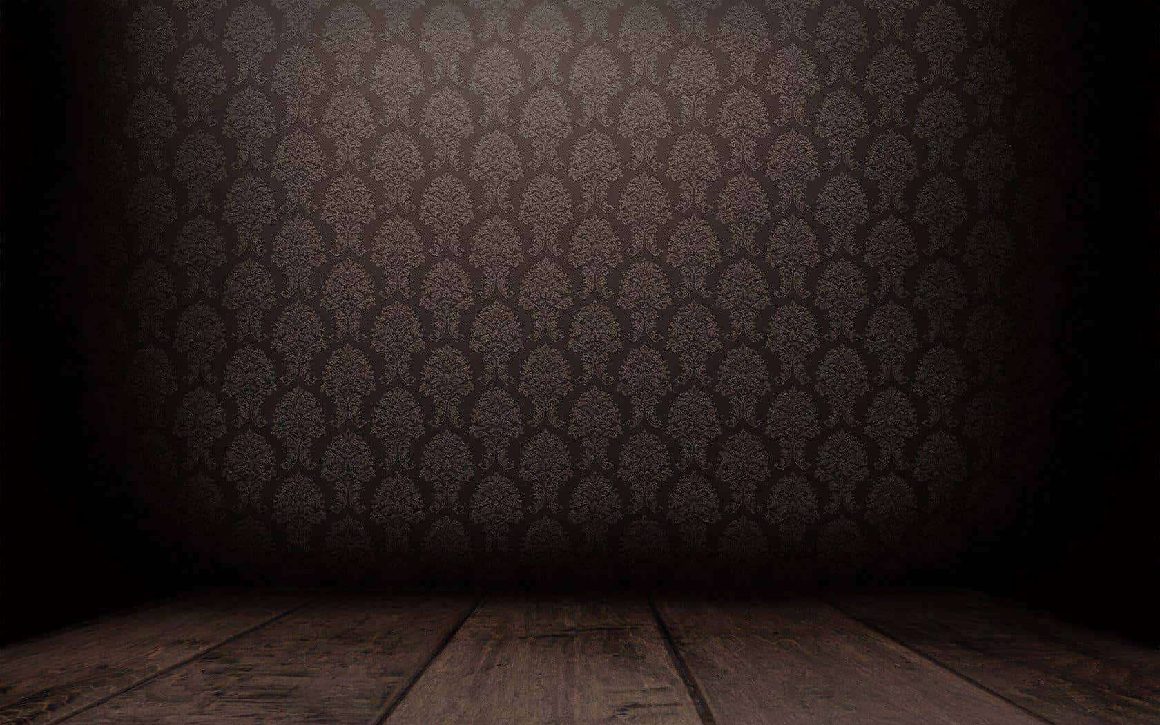 Dark Room 桌布 壁紙 — 一個燈光昏暗的房間，舖有深色大馬士革壁紙和木地板，被聚光燈照亮。