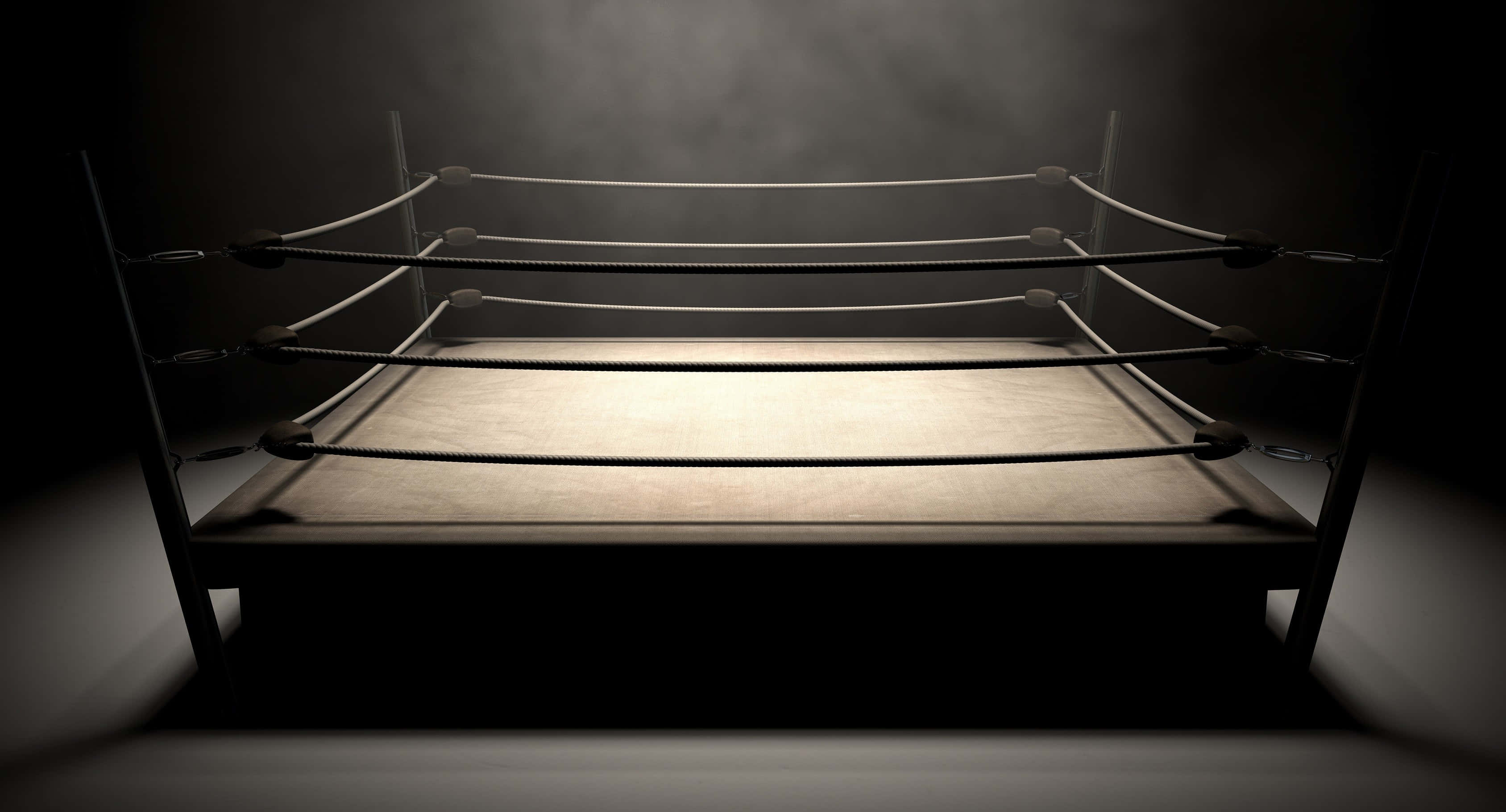 Wrestling Ring 桌布 壁紙 — 一個燈光昏暗的摔角擂台，沐浴在聚光燈煙霧中，繩索和帆布在戲劇性的陰影下。