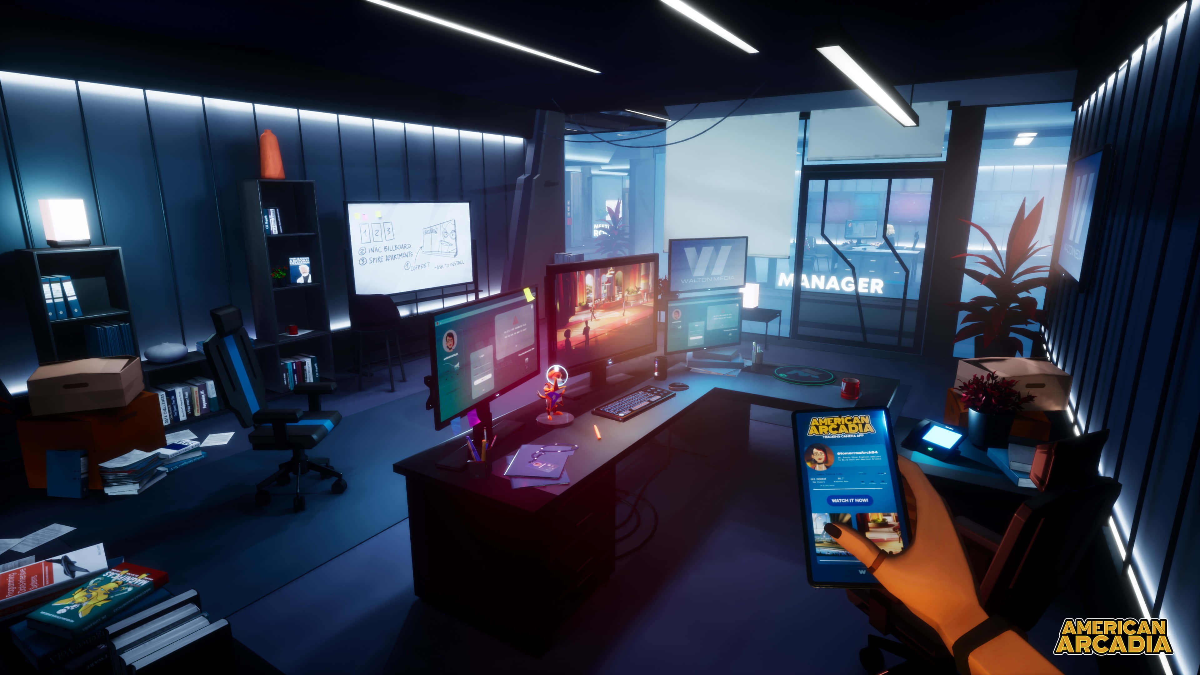 4K Office 桌布 壁紙 — 一個燈光昏暗的未來風格辦公室，配備發光螢幕和霓虹燈點綴，展示遊戲經理的工作空間。