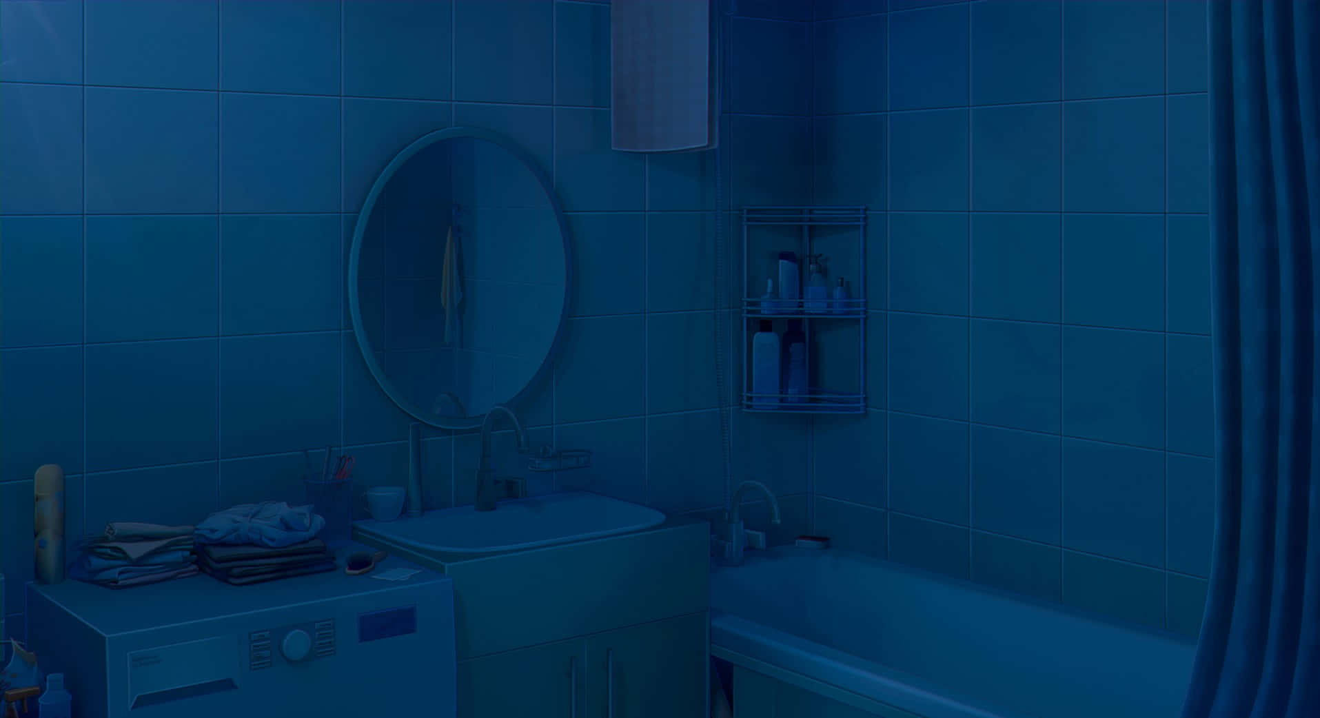 Bathroom Decor 桌布 壁紙 — 一個燈光昏暗的浴室，沐浴在清涼的藍色調中，有瓷磚牆、洗手盆、鏡子和浴缸，在環境燈光下。
