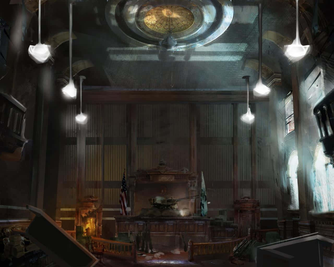 Courtroom 桌布 壁紙 — 一個燈光昏暗的被遺棄法庭，掛著燈飾，法官席上有一輛坦克。