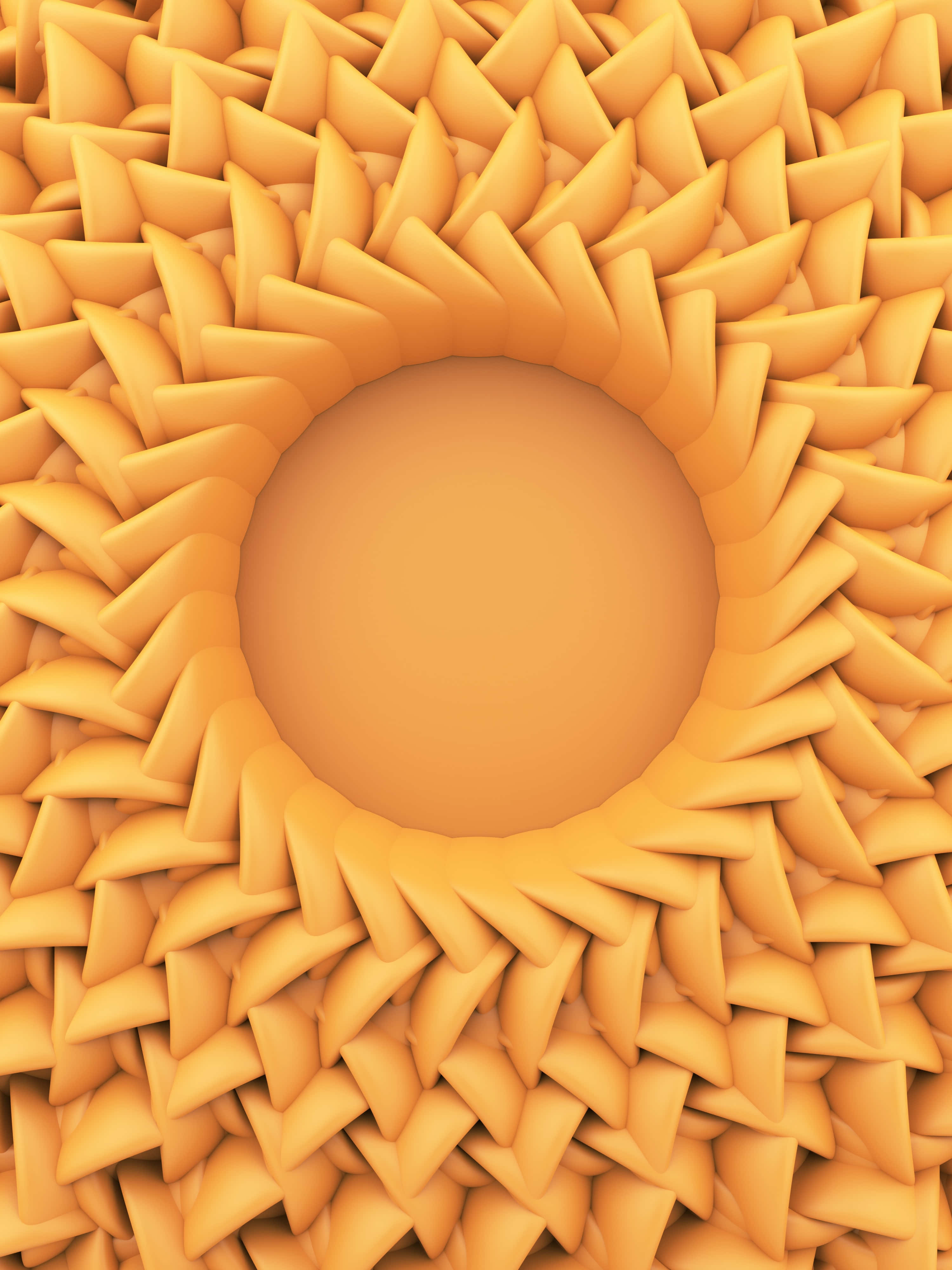 3D 桌布 壁紙 — 一個燦爛的向日葵圖案，帶有層疊的金色花瓣，在光滑的中心周圍形成一個圓形框架。