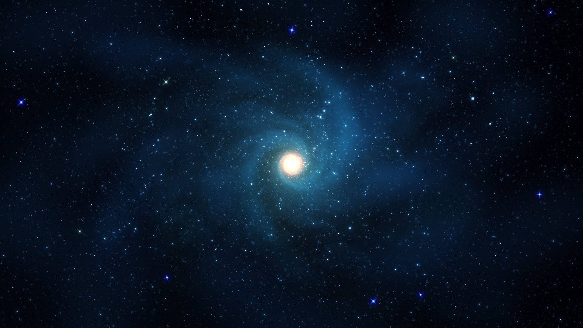 星星動圖 桌布 壁紙 — 一個燦爛的螺旋星系在佈滿星辰的深藍宇宙虛空中心發光。