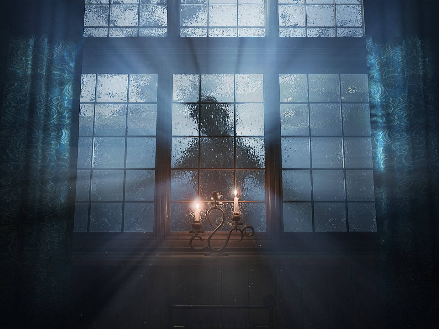 Layers 桌布 壁紙 — 一個燭光照亮的窗台，沐浴在穿過沾滿雨水的玻璃窗的戲劇性光束中，窗框由華麗的窗簾裝飾。