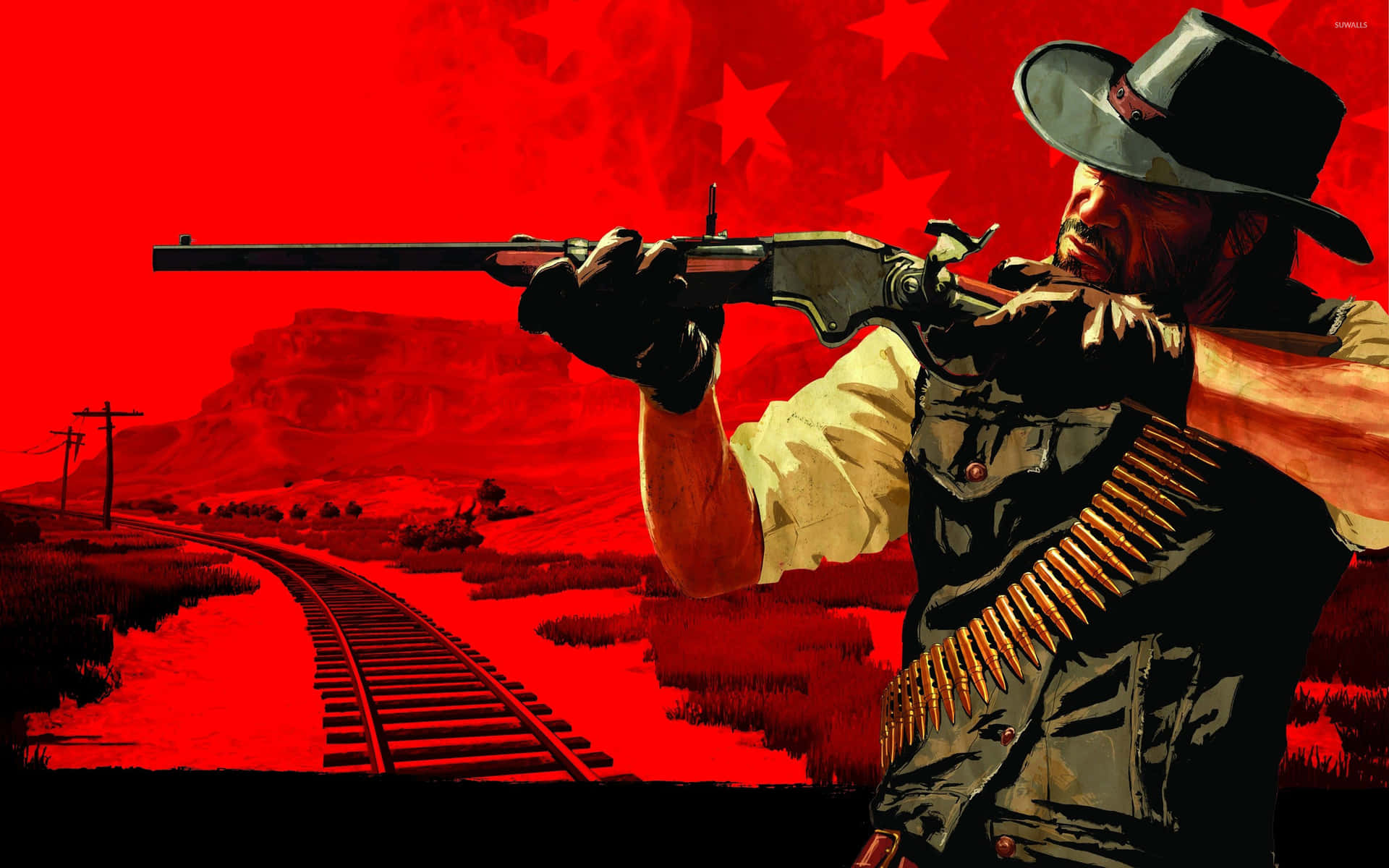 Red Dead Redemption 4K 桌布 壁紙 — 一個牛仔拿著步槍瞄準一條偏紅色的鐵路軌道，背景是星光閃爍的深紅色天空。