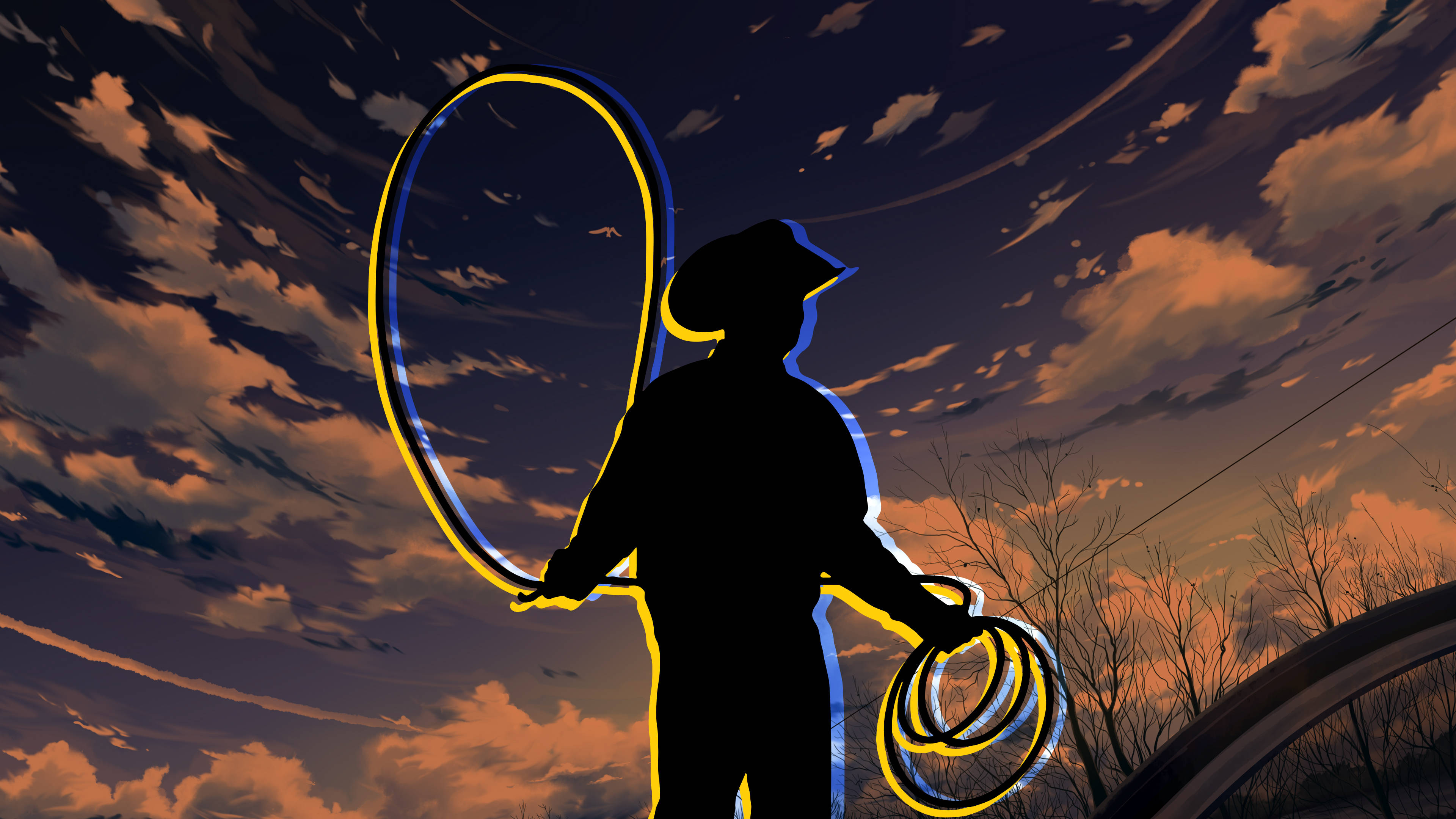 Silhouette 桌布 壁紙 — 一個牛仔的剪影，在帶有橙色雲彩的戲劇性暮色天空下，手持一條發光的套索。