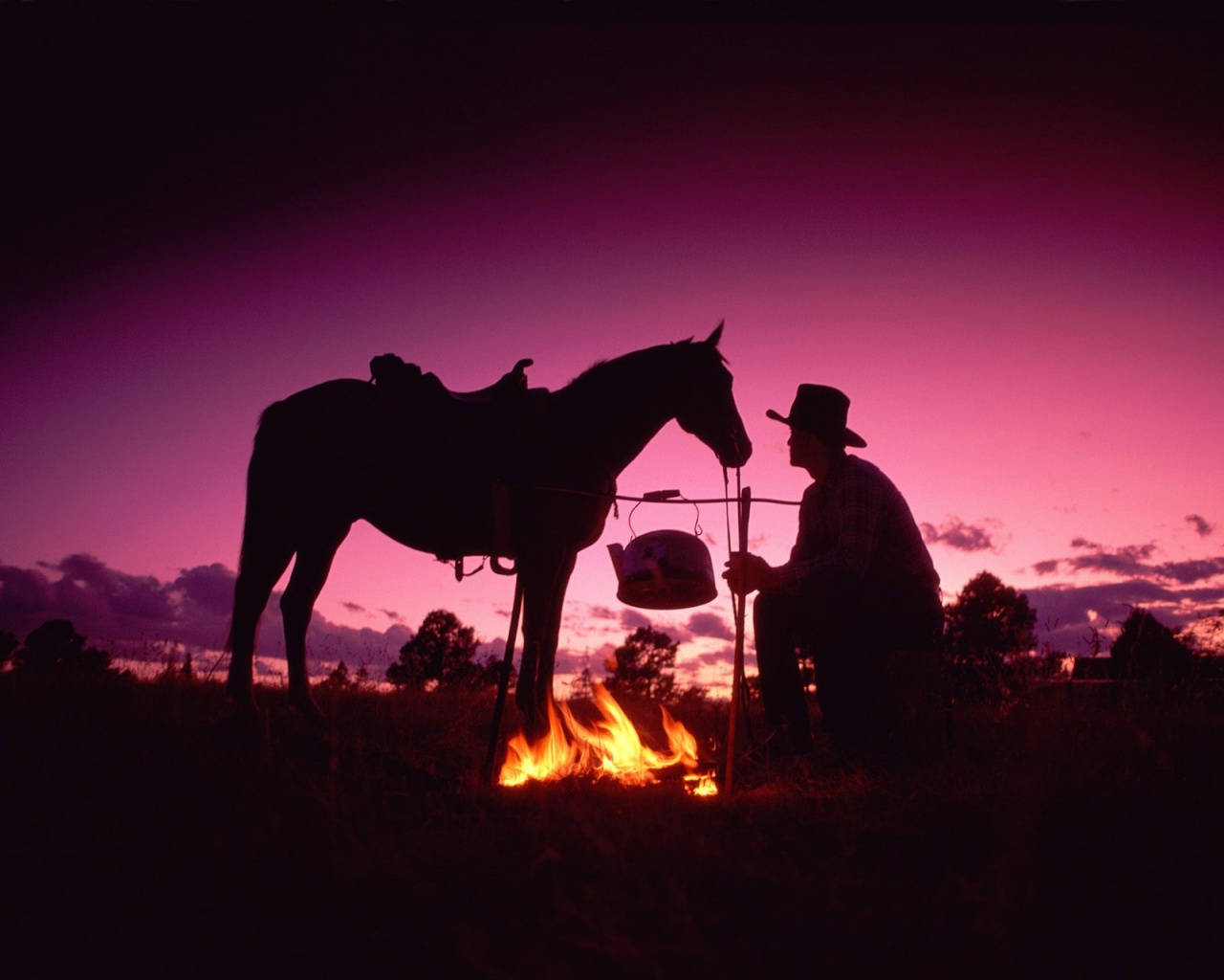 American Cowboy 桌布 壁紙 — 一個牛仔的剪影在充滿活力的紫色日落襯托下，在他備好鞍的馬旁邊的營火上燒水。