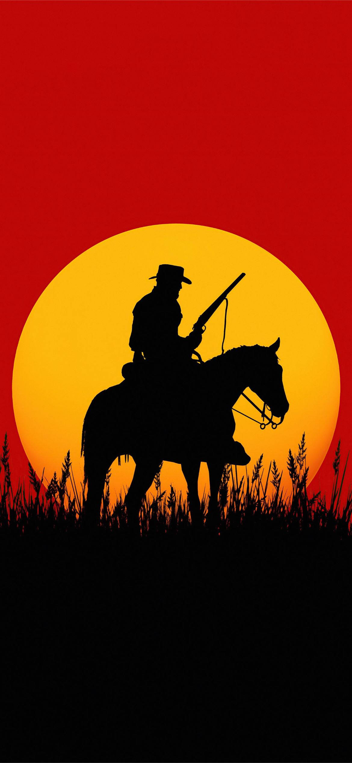 American Cowboy 桌布 壁紙 — 一個牛仔騎在馬上，手持步槍，背景是紅色天空中的熾熱橙色太陽的剪影。