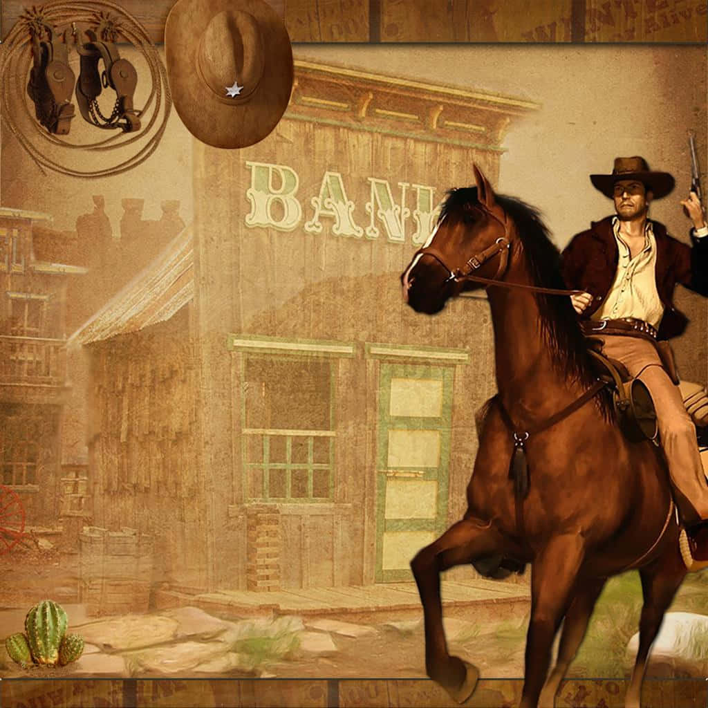 Wild West 桌布 壁紙 — 一個牛仔騎著一匹後腿站立的馬，用一把手槍瞄準一個塵土飛揚的西部銀行，上面掛著一頂星形裝飾的帽子。