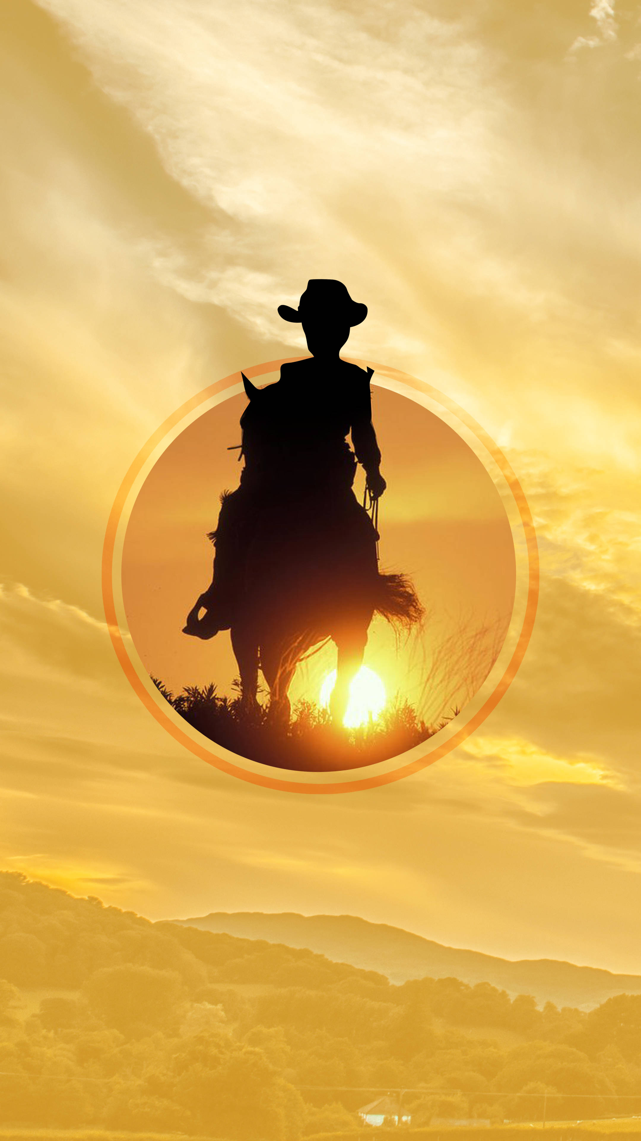 Cowboy 桌布 壁紙 — 一個牛仔騎馬的剪影，框在圓形中，背景是金色日落天空和起伏的山丘。