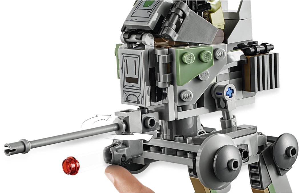 Clip Art 桌布 壁紙 — 一個特寫，展示一個細節豐富的灰色和綠色LEGO Star Wars AT-ST步行機，帶有紅燈，由手指拿著，背景為黑色。