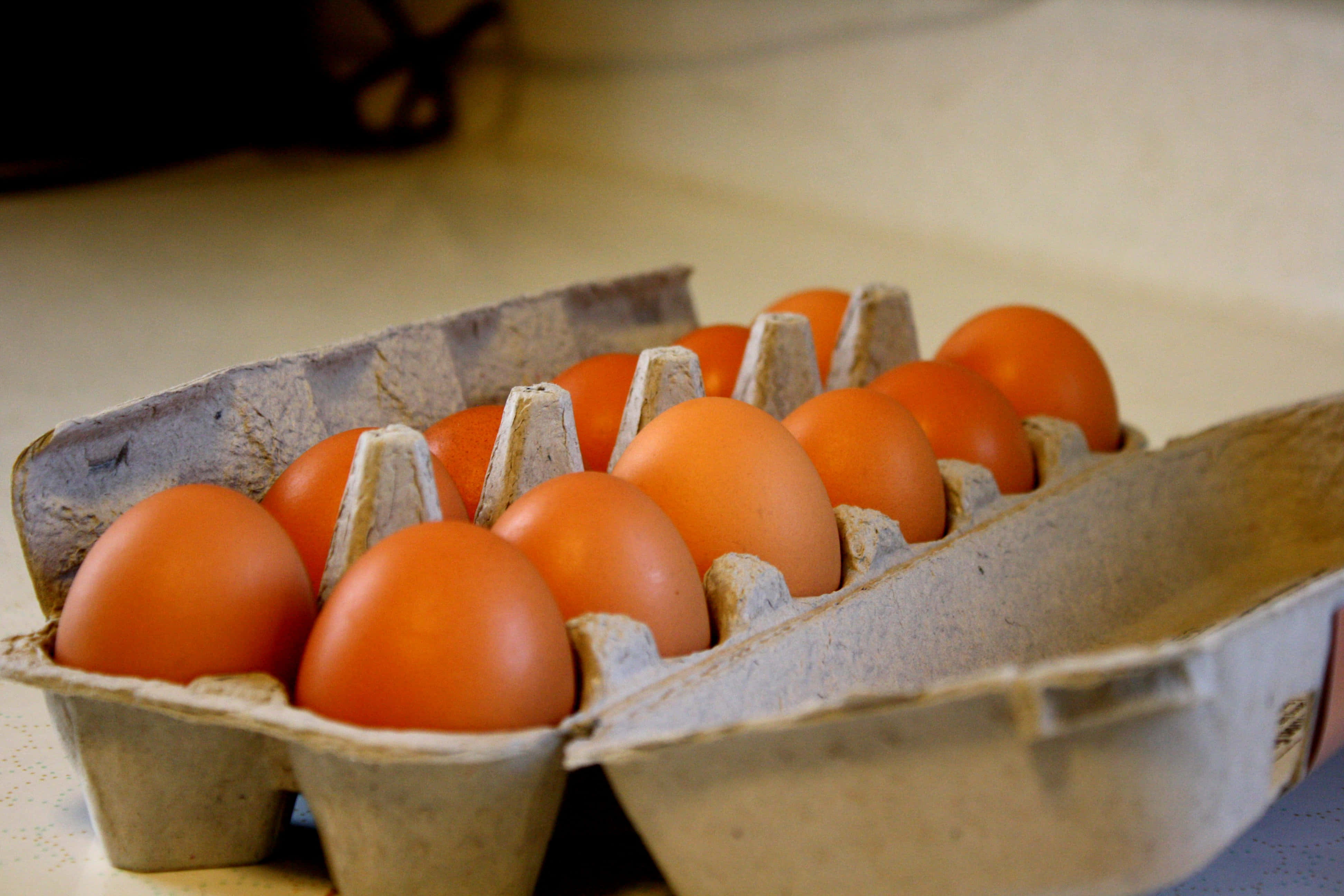 Egg 桌布 壁紙 — 一個特寫，展示廚房檯面上一個破舊紙板盒內的鮮橙色雞蛋。