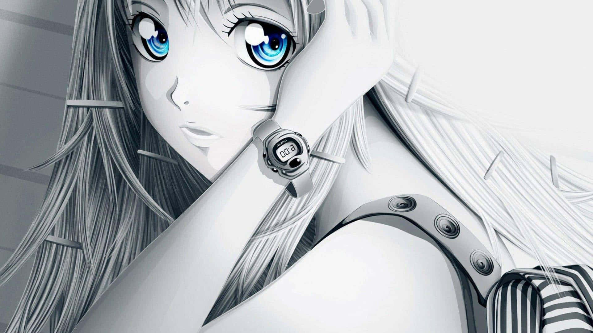 Anime White 桌布 壁紙 — 一個特寫動漫女孩，擁有引人注目的藍色眼睛和銀色頭髮，在單色背景上佩戴數位手錶。