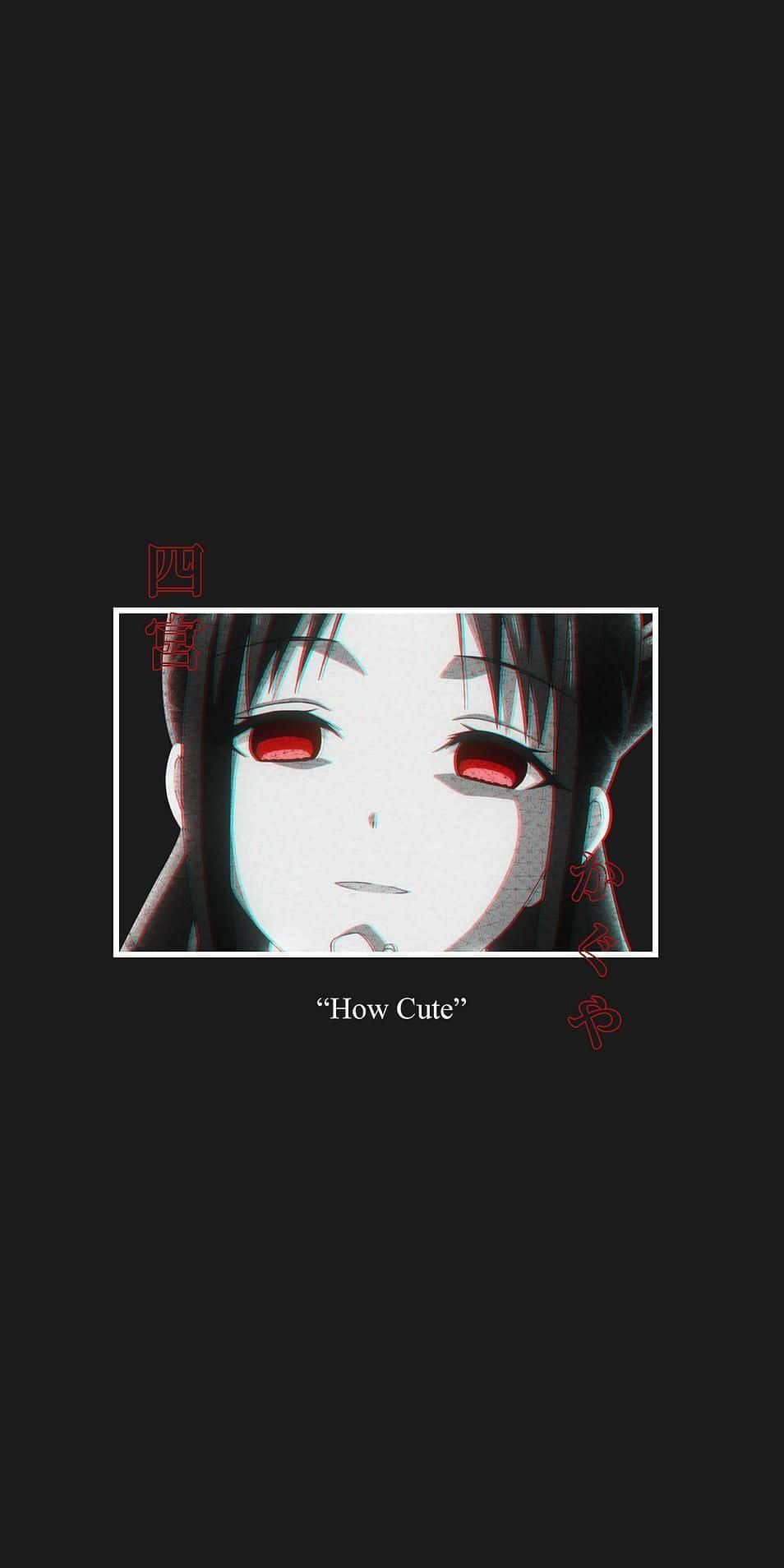 動漫 桌布 壁紙 — 一個特寫動漫女孩，擁有引人注目的紅眼睛和深色頭髮，以白色邊框框住，背景為黑色。